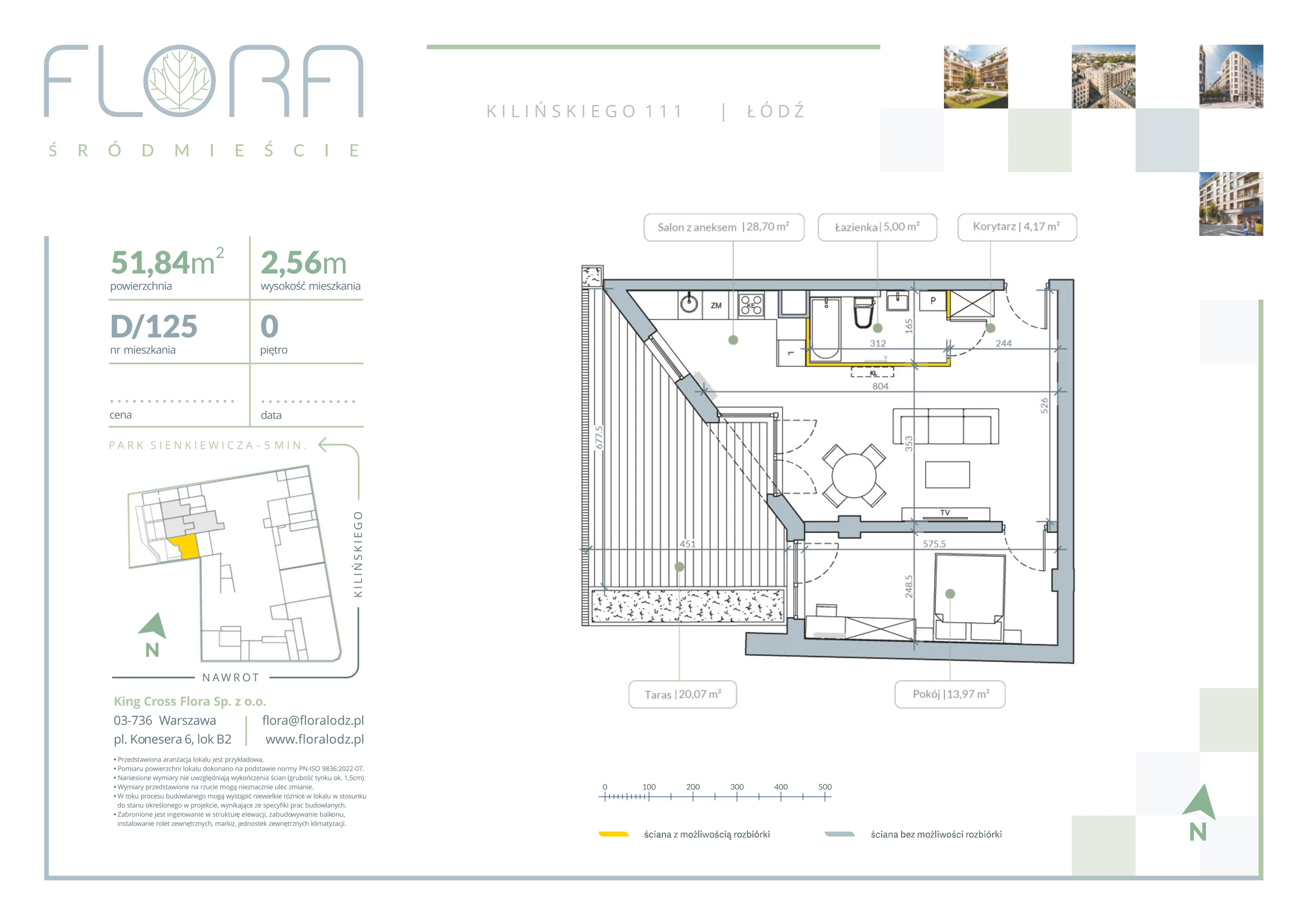 2 pokoje, apartament 51,84 m², parter, oferta nr 125, Flora Śródmieście, Łódź, Śródmieście, ul. płk. Jana Kilińskiego 111