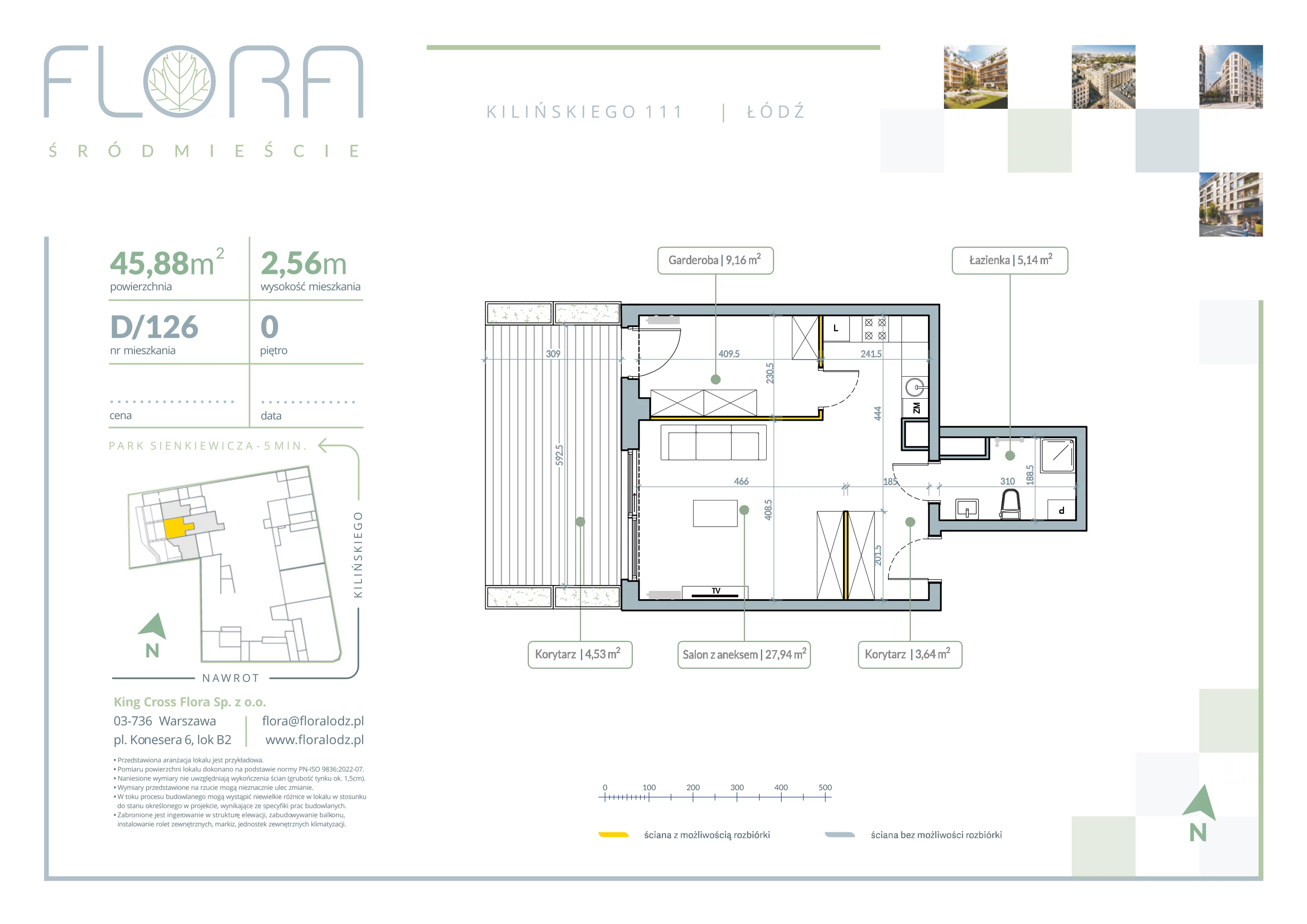 2 pokoje, apartament 45,88 m², parter, oferta nr 126, Flora Śródmieście, Łódź, Śródmieście, ul. płk. Jana Kilińskiego 111