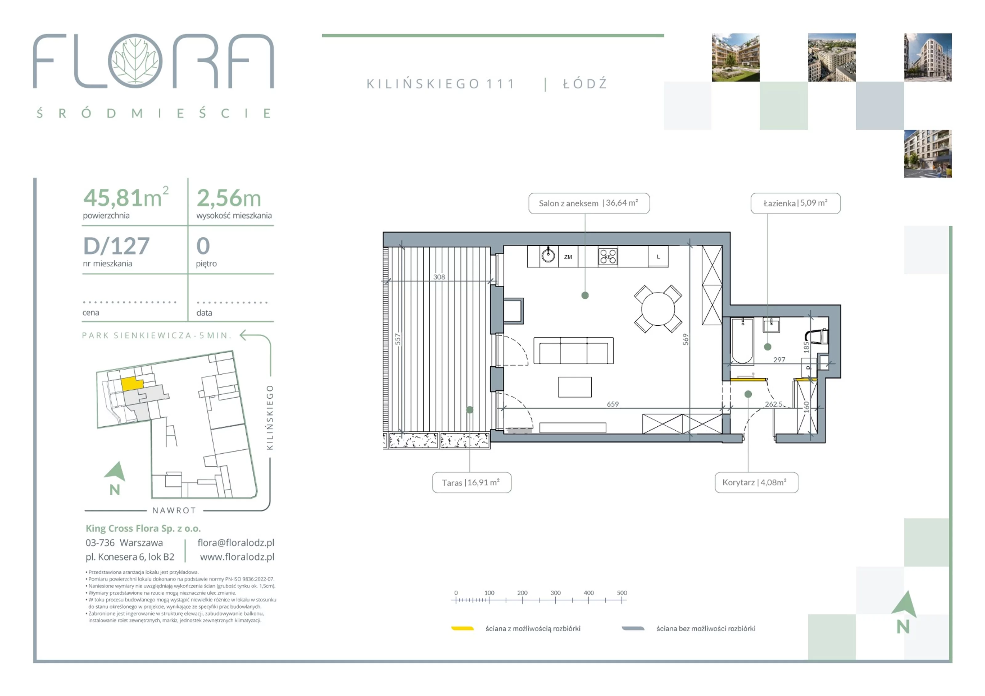 2 pokoje, apartament 45,81 m², parter, oferta nr 127, Flora Śródmieście, Łódź, Śródmieście, ul. płk. Jana Kilińskiego 111