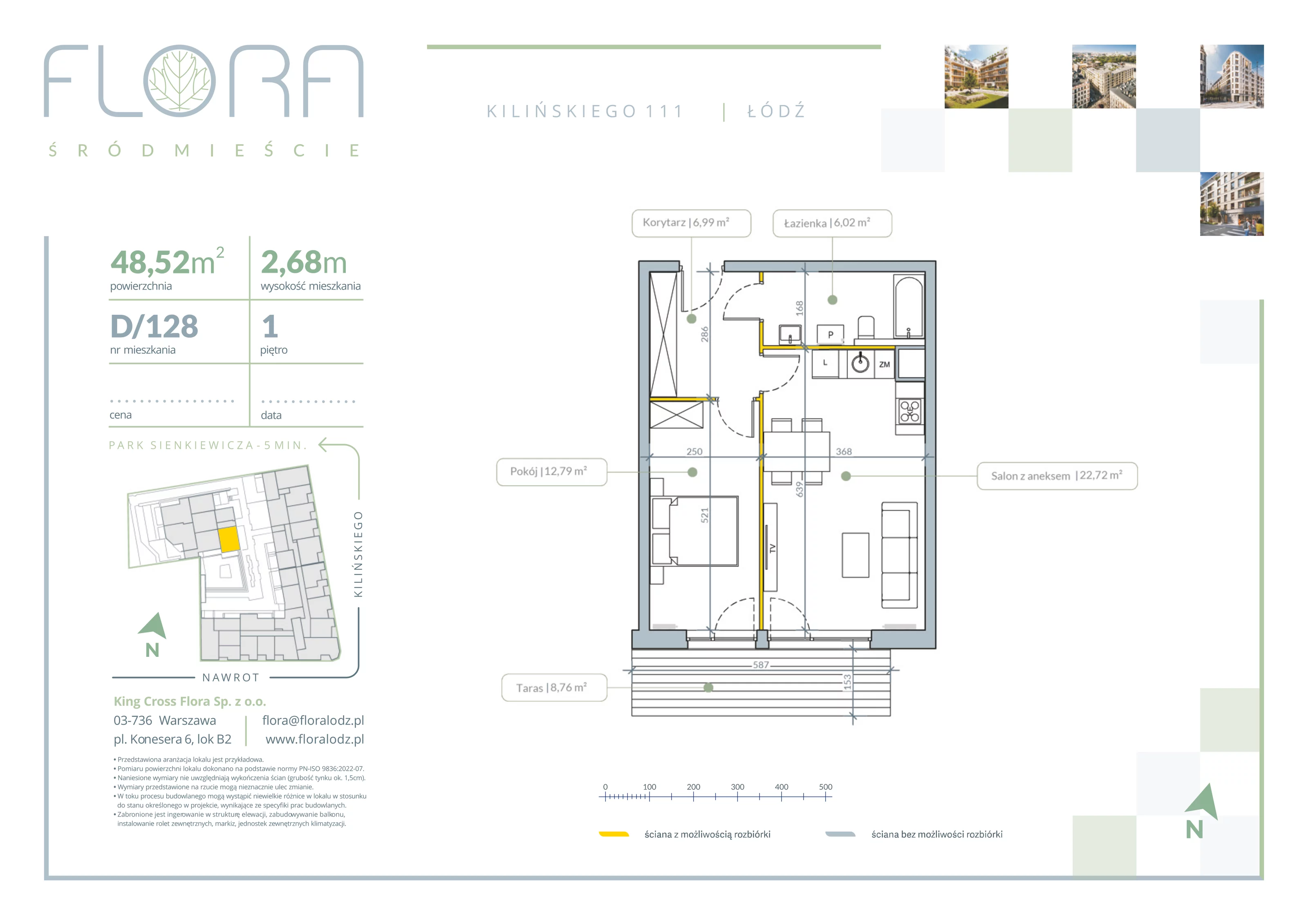 2 pokoje, apartament 48,52 m², piętro 1, oferta nr 128, Flora Śródmieście, Łódź, Śródmieście, ul. płk. Jana Kilińskiego 111