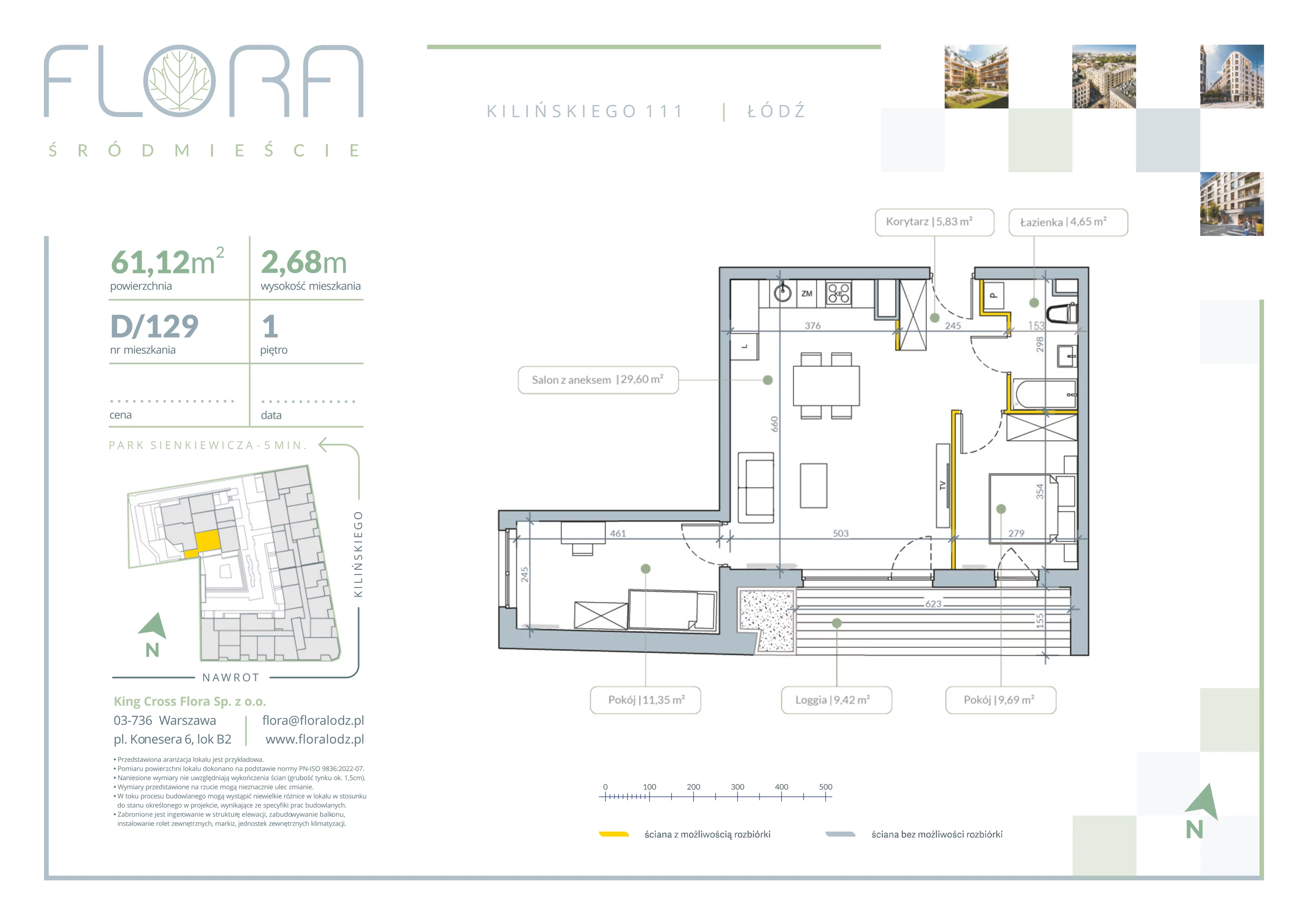 2 pokoje, apartament 61,12 m², piętro 1, oferta nr 129, Flora Śródmieście, Łódź, Śródmieście, ul. płk. Jana Kilińskiego 111