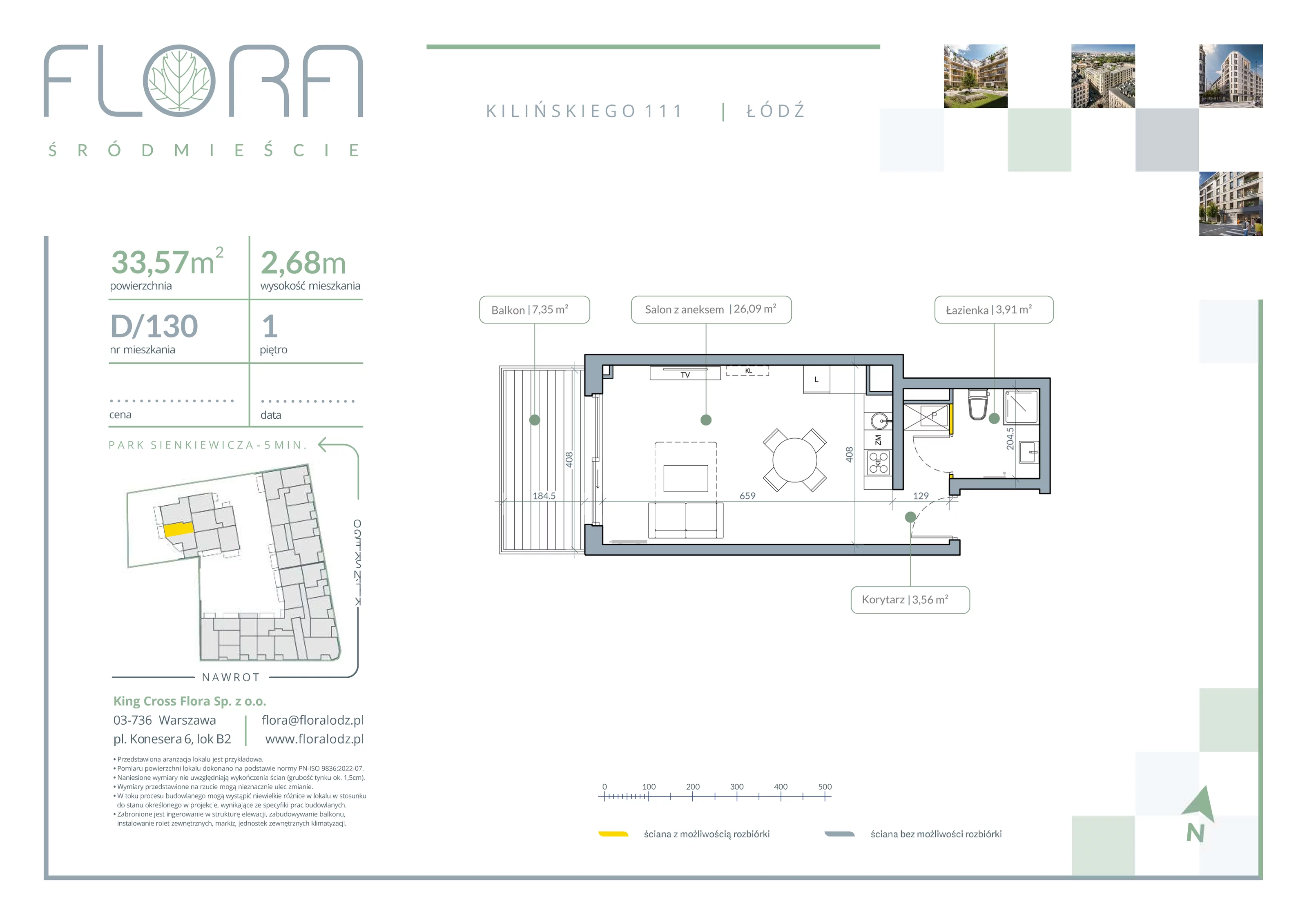 1 pokój, apartament 33,57 m², piętro 1, oferta nr 130, Flora Śródmieście, Łódź, Śródmieście, ul. płk. Jana Kilińskiego 111
