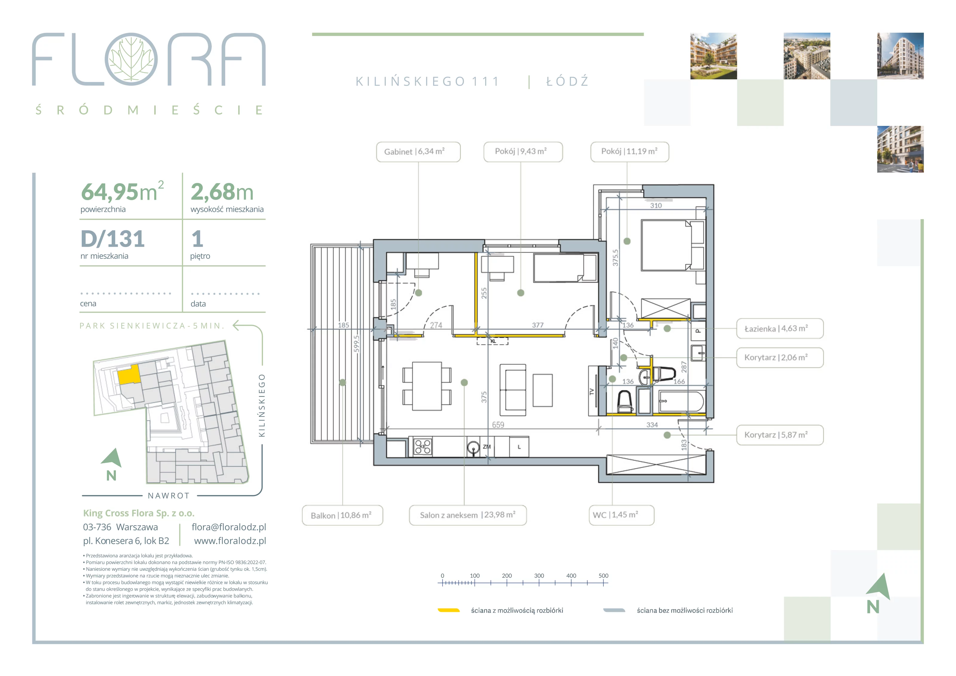 4 pokoje, apartament 64,95 m², piętro 1, oferta nr 131, Flora Śródmieście, Łódź, Śródmieście, ul. płk. Jana Kilińskiego 111