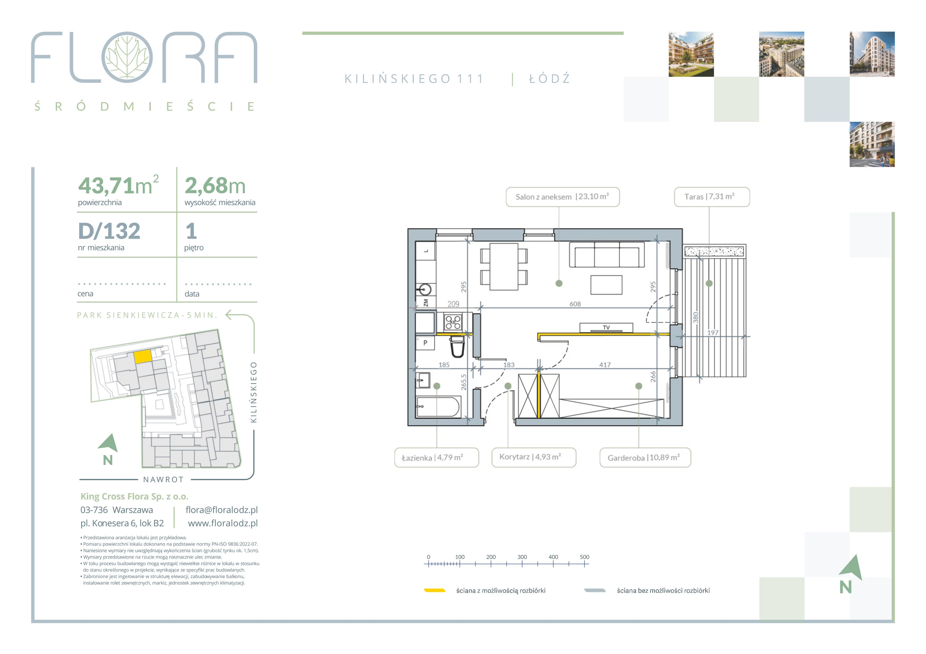 2 pokoje, apartament 43,71 m², piętro 1, oferta nr 132, Flora Śródmieście, Łódź, Śródmieście, ul. płk. Jana Kilińskiego 111