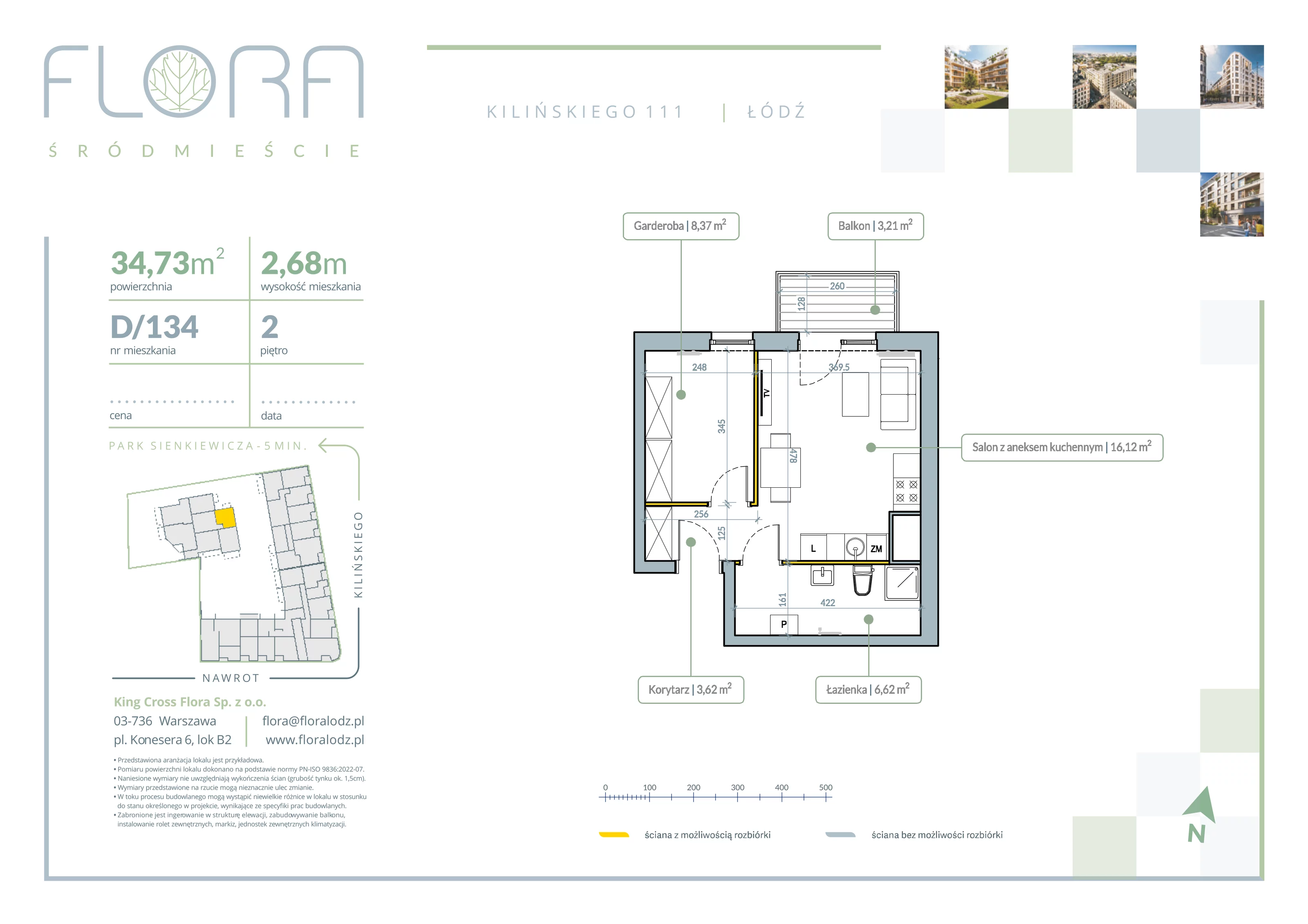 2 pokoje, apartament 34,73 m², piętro 2, oferta nr 134, Flora Śródmieście, Łódź, Śródmieście, ul. płk. Jana Kilińskiego 111
