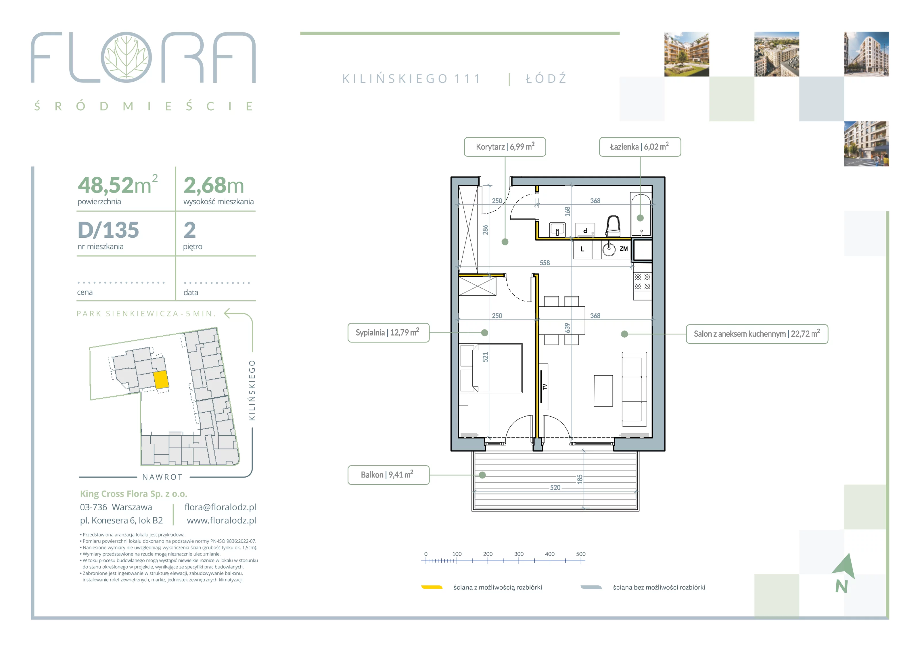 2 pokoje, apartament 48,52 m², piętro 2, oferta nr 135, Flora Śródmieście, Łódź, Śródmieście, ul. płk. Jana Kilińskiego 111