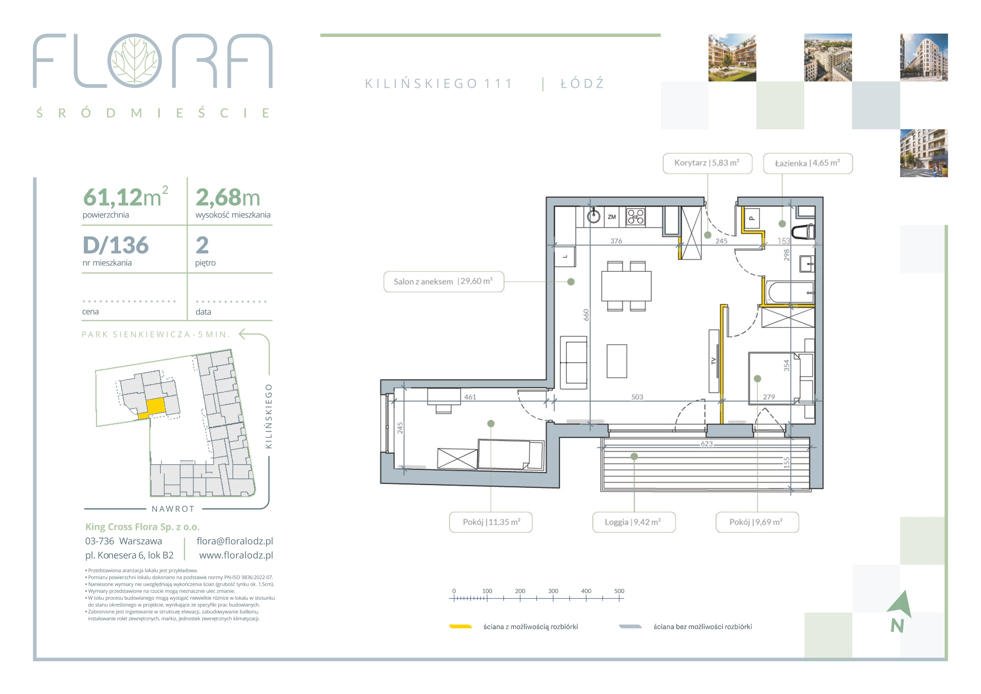 3 pokoje, apartament 61,12 m², piętro 2, oferta nr 136, Flora Śródmieście, Łódź, Śródmieście, ul. płk. Jana Kilińskiego 111