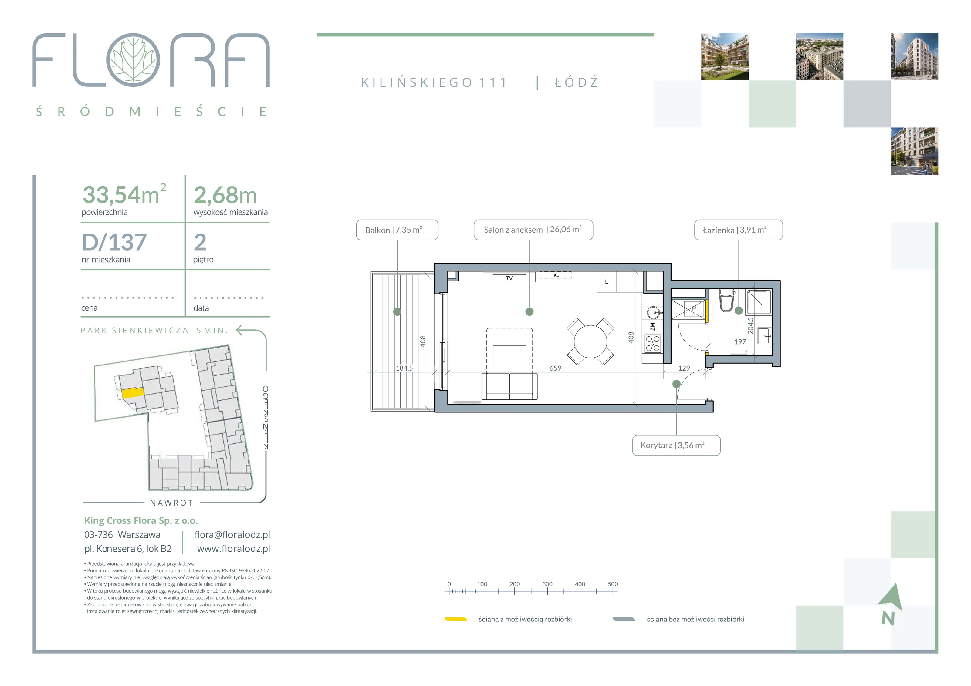 1 pokój, apartament 33,54 m², piętro 2, oferta nr 137, Flora Śródmieście, Łódź, Śródmieście, ul. płk. Jana Kilińskiego 111