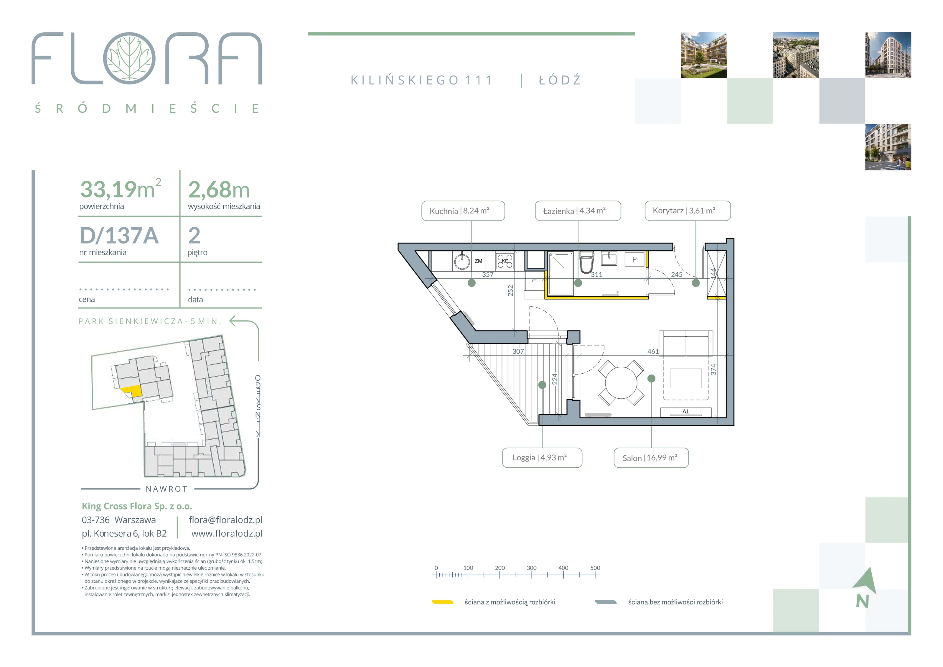 1 pokój, apartament 33,19 m², piętro 2, oferta nr 137A, Flora Śródmieście, Łódź, Śródmieście, ul. płk. Jana Kilińskiego 111