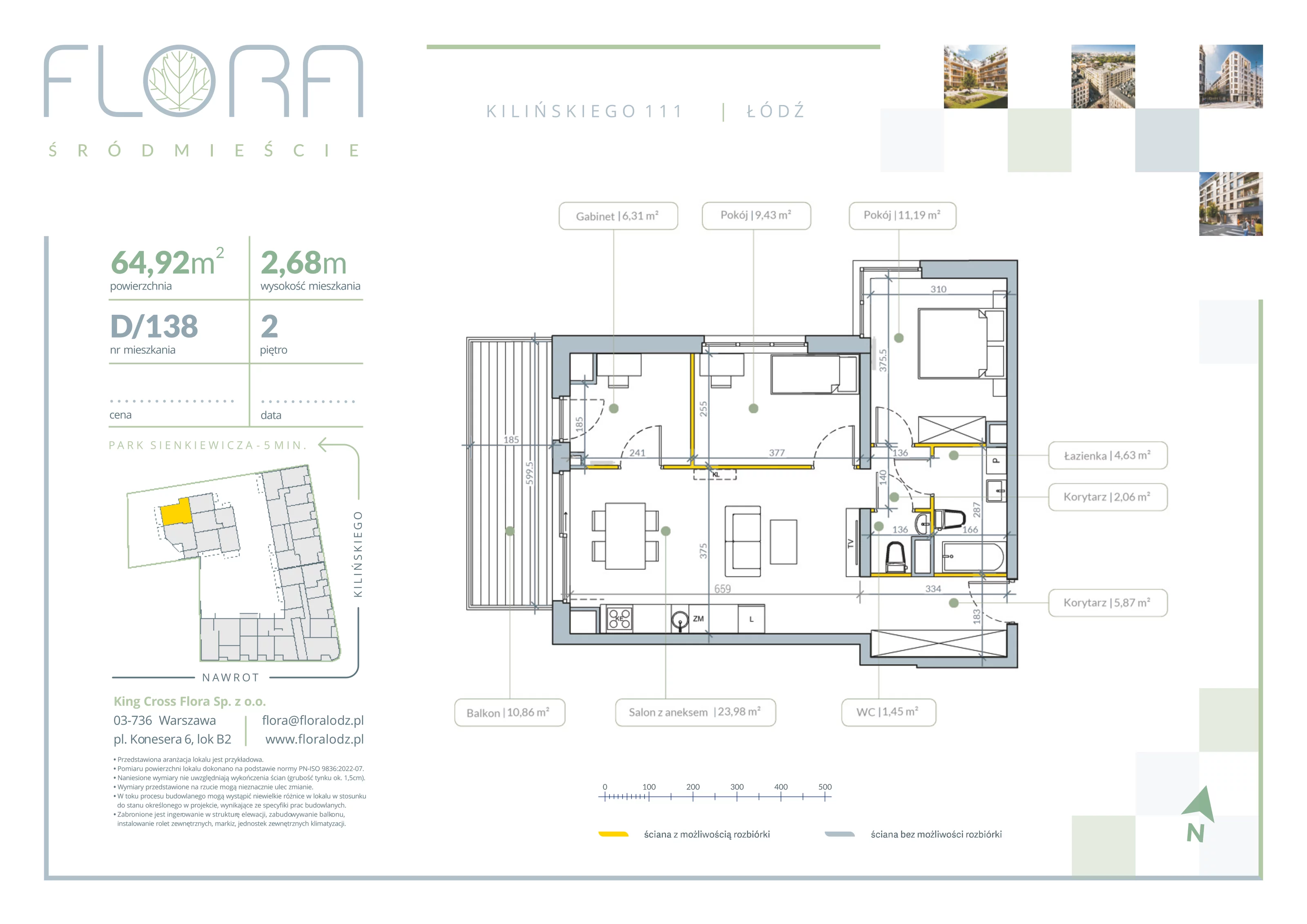 4 pokoje, apartament 64,92 m², piętro 2, oferta nr 138, Flora Śródmieście, Łódź, Śródmieście, ul. płk. Jana Kilińskiego 111