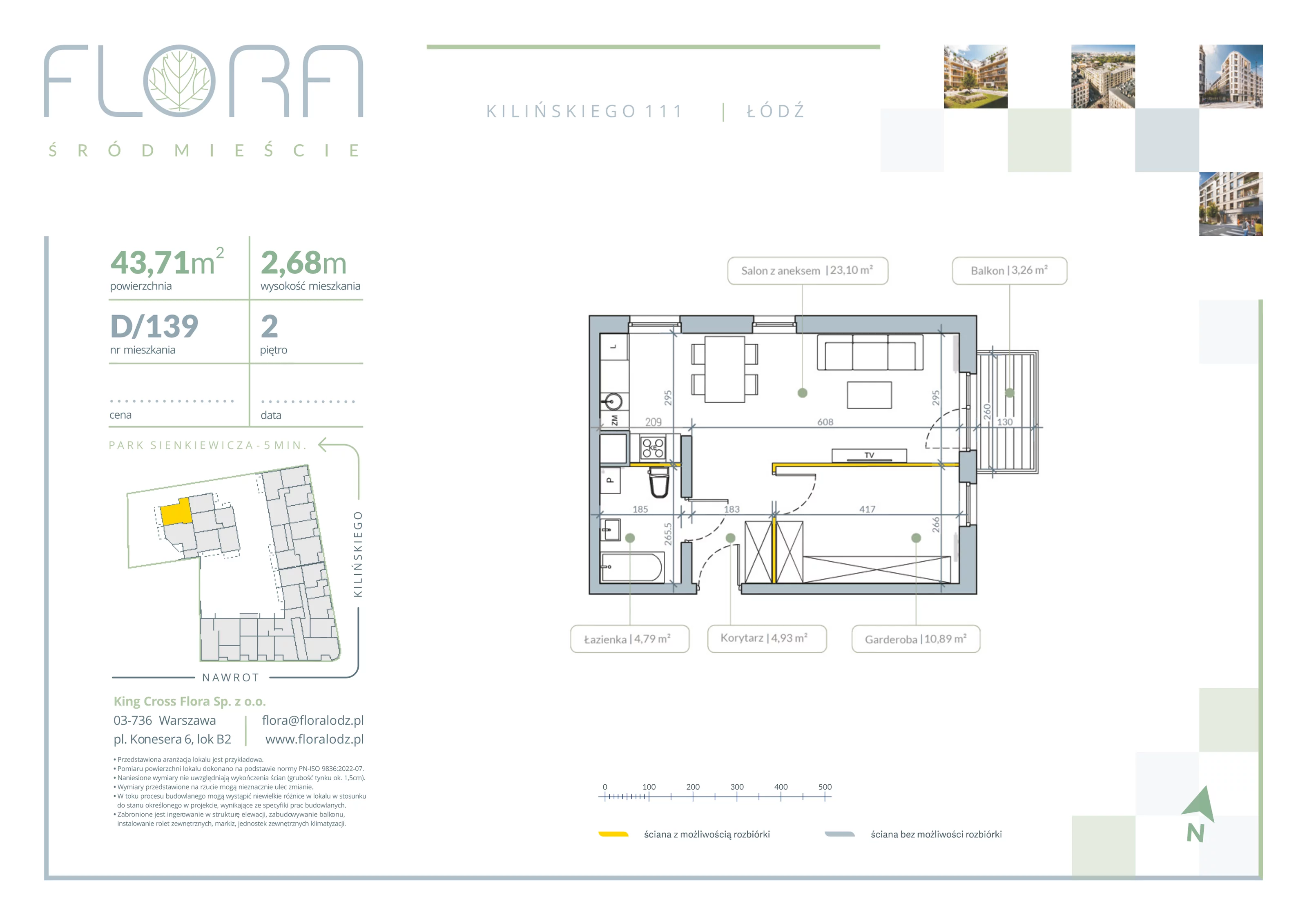 2 pokoje, apartament 43,71 m², piętro 2, oferta nr 139, Flora Śródmieście, Łódź, Śródmieście, ul. płk. Jana Kilińskiego 111