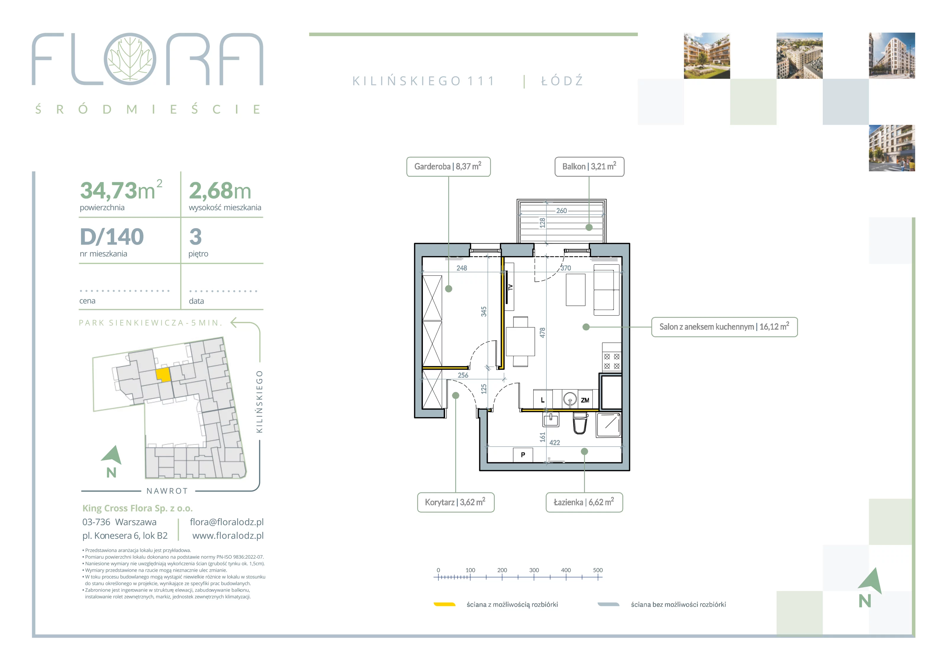 2 pokoje, apartament 34,73 m², piętro 3, oferta nr 140, Flora Śródmieście, Łódź, Śródmieście, ul. płk. Jana Kilińskiego 111