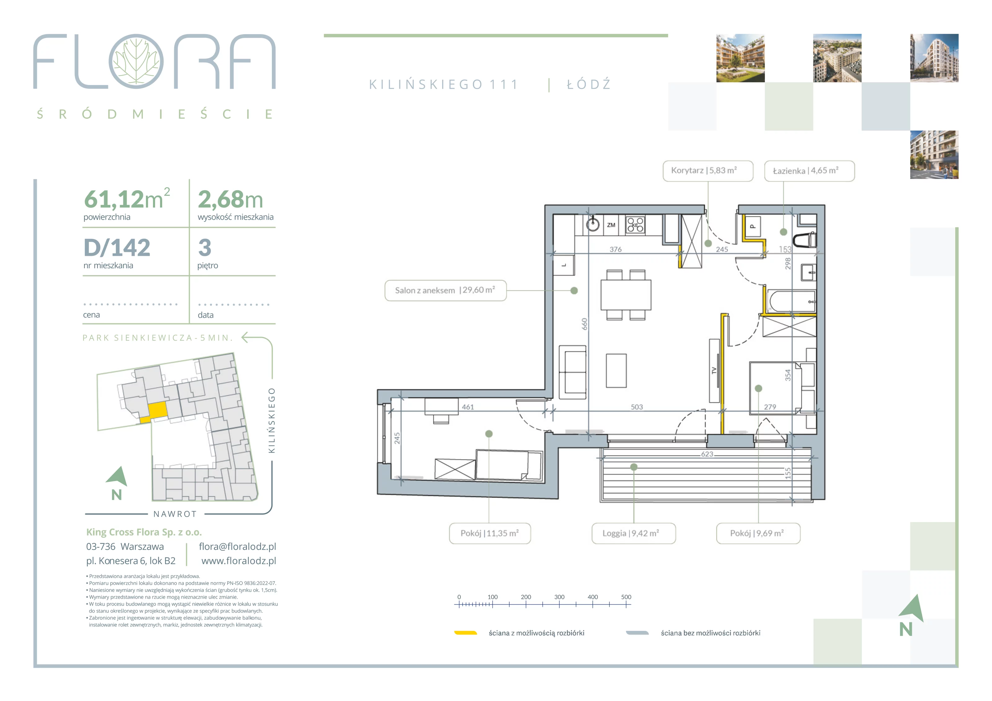 3 pokoje, apartament 61,12 m², piętro 3, oferta nr 142, Flora Śródmieście, Łódź, Śródmieście, ul. płk. Jana Kilińskiego 111
