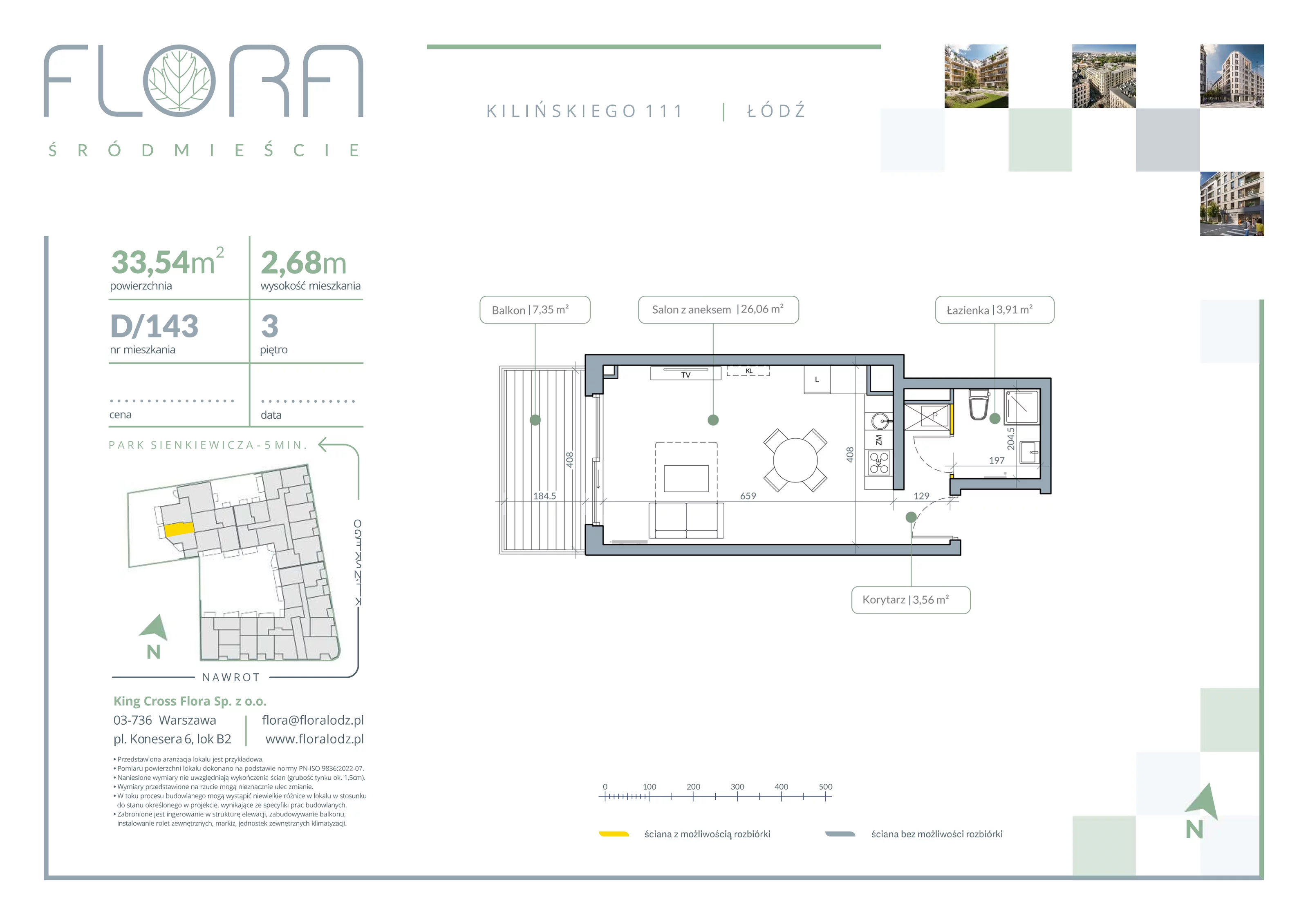 1 pokój, apartament 33,54 m², piętro 3, oferta nr 143, Flora Śródmieście, Łódź, Śródmieście, ul. płk. Jana Kilińskiego 111