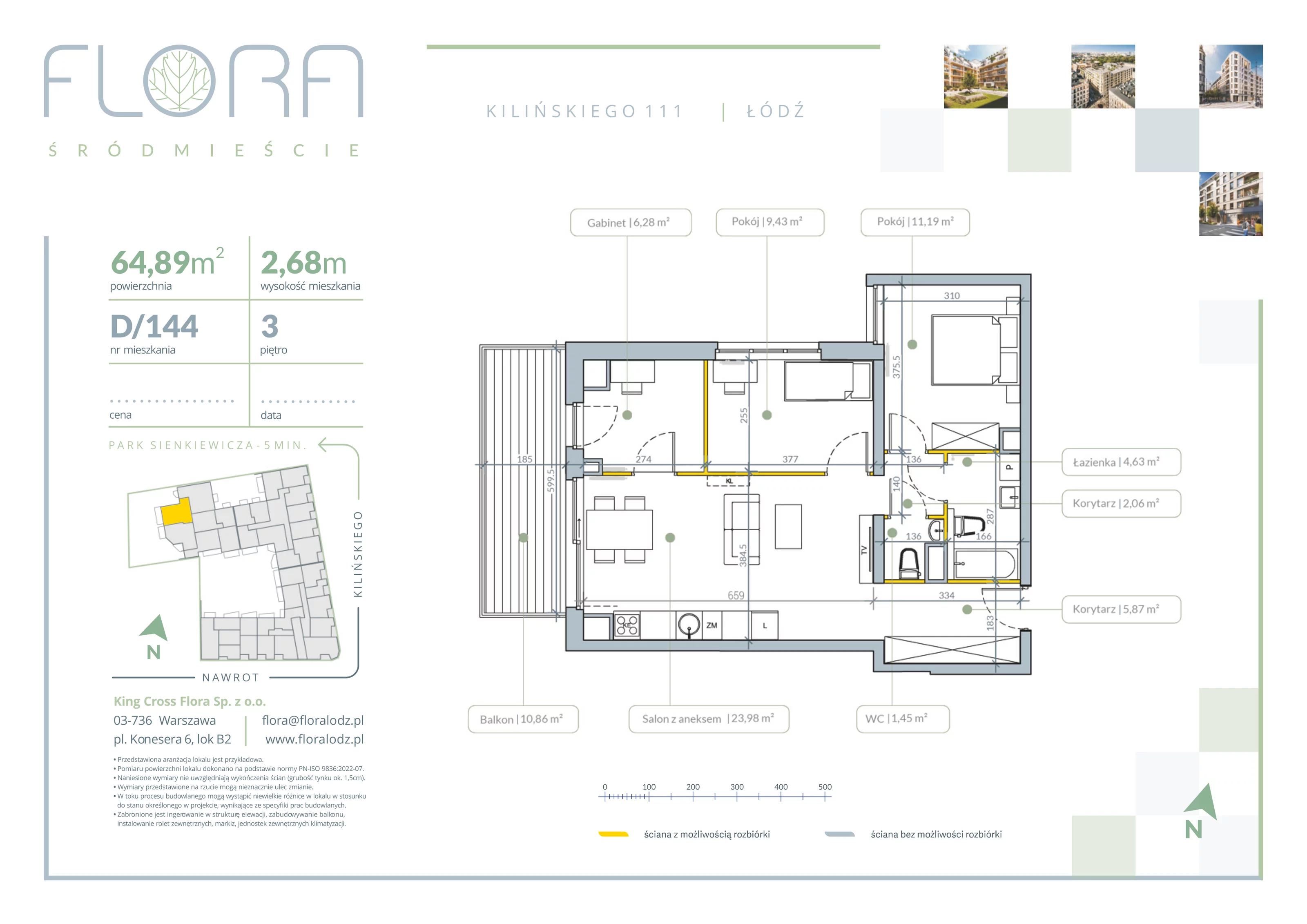 3 pokoje, apartament 64,89 m², piętro 3, oferta nr 144, Flora Śródmieście, Łódź, Śródmieście, ul. płk. Jana Kilińskiego 111