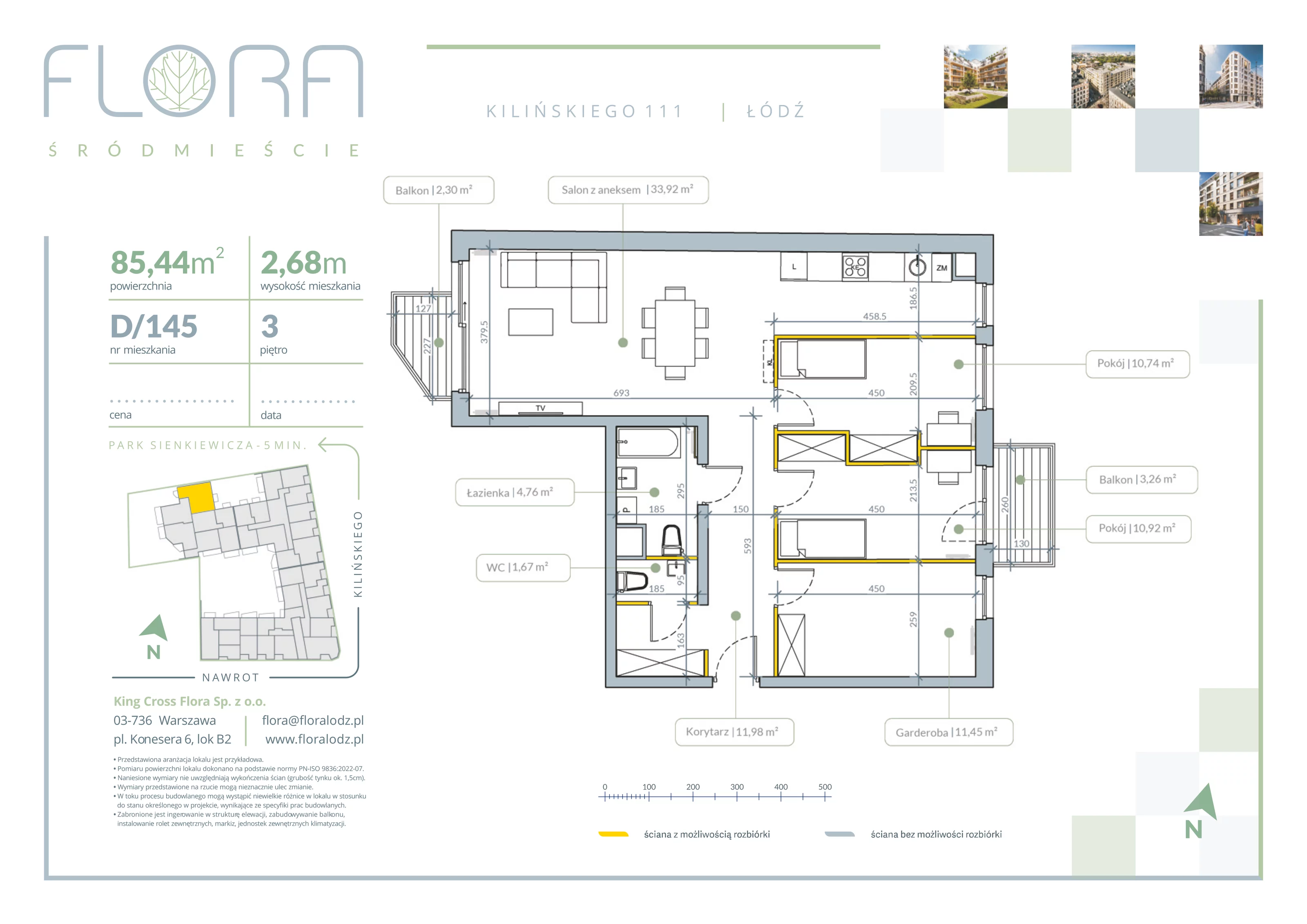 4 pokoje, apartament 85,44 m², piętro 3, oferta nr 145, Flora Śródmieście, Łódź, Śródmieście, ul. płk. Jana Kilińskiego 111