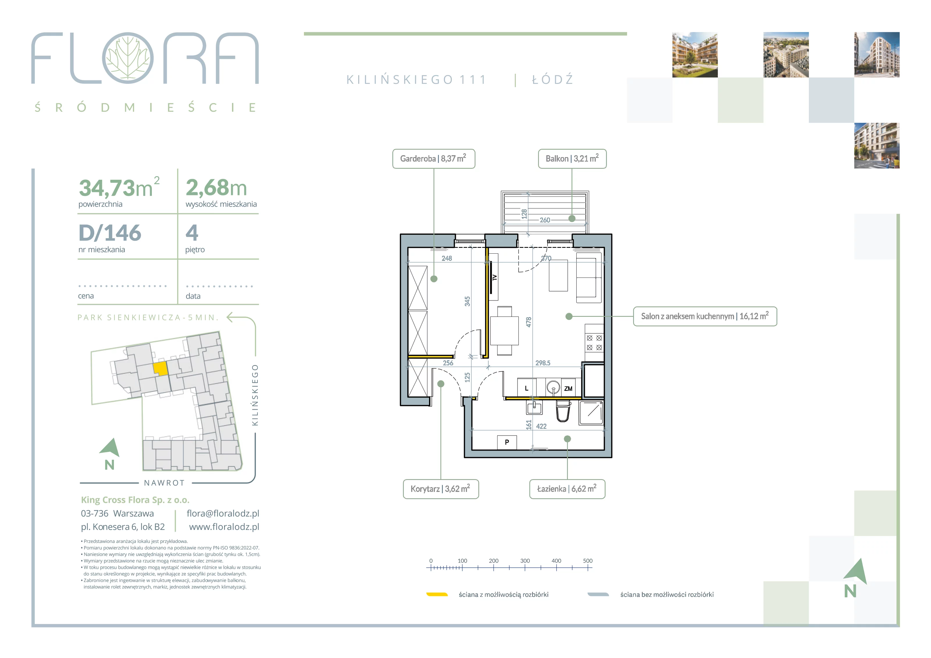 2 pokoje, apartament 34,73 m², piętro 4, oferta nr 146, Flora Śródmieście, Łódź, Śródmieście, ul. płk. Jana Kilińskiego 111