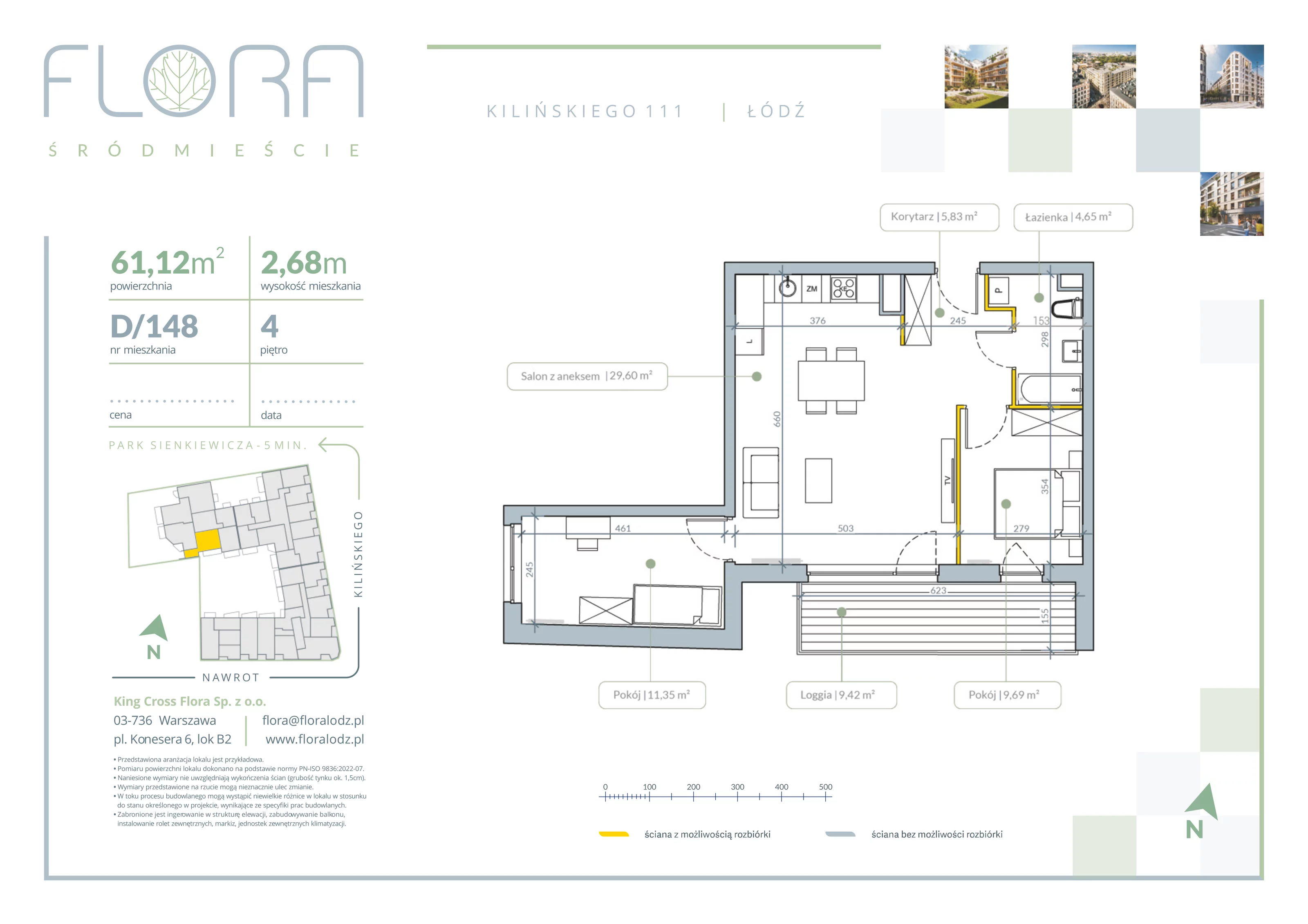 3 pokoje, apartament 61,12 m², piętro 4, oferta nr 148, Flora Śródmieście, Łódź, Śródmieście, ul. płk. Jana Kilińskiego 111