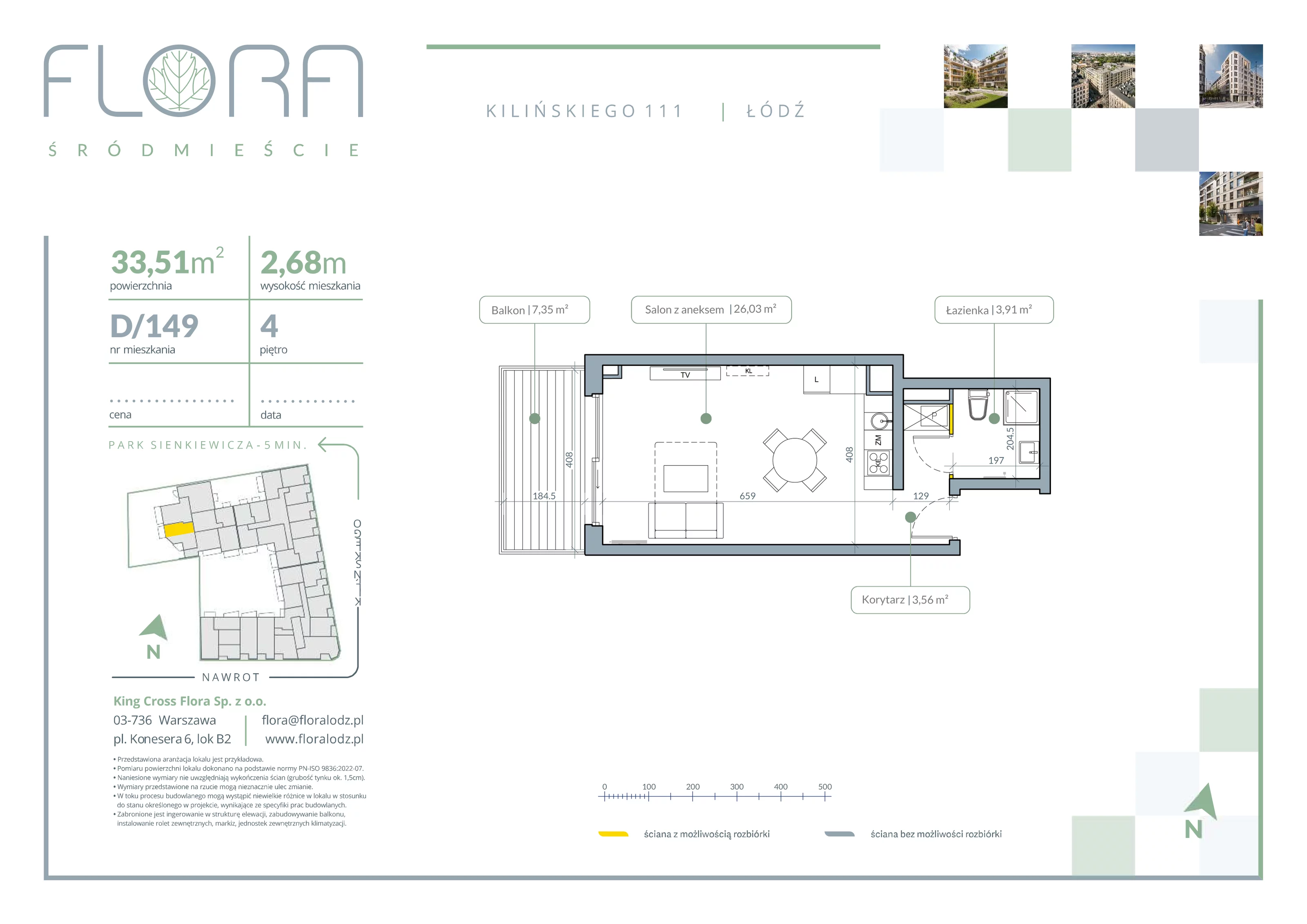 1 pokój, apartament 33,51 m², piętro 4, oferta nr 149, Flora Śródmieście, Łódź, Śródmieście, ul. płk. Jana Kilińskiego 111