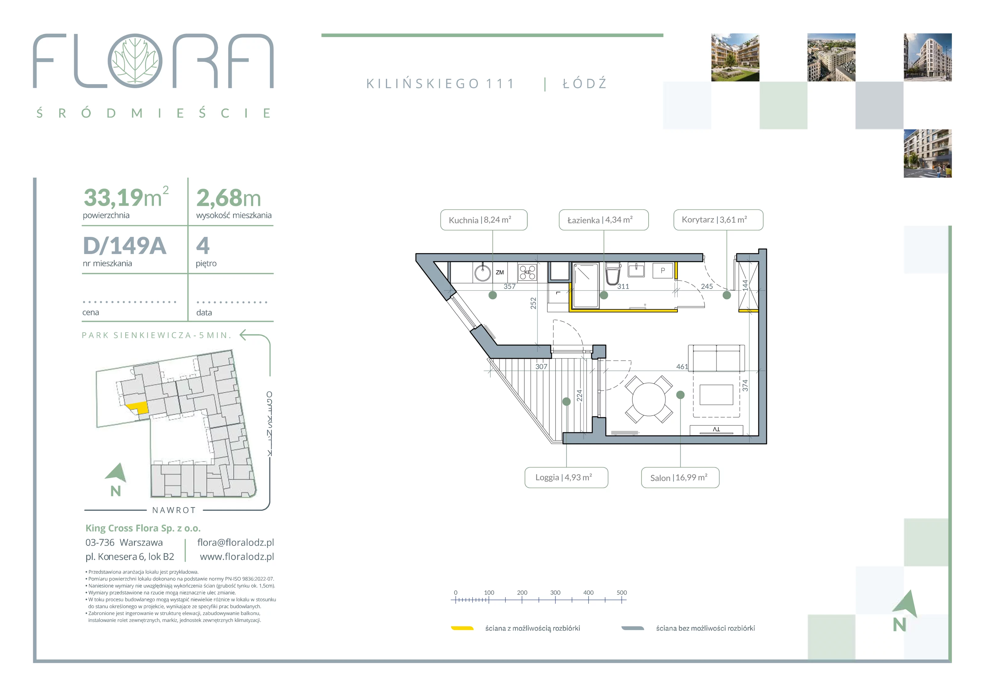 1 pokój, apartament 33,19 m², piętro 4, oferta nr 149A, Flora Śródmieście, Łódź, Śródmieście, ul. płk. Jana Kilińskiego 111