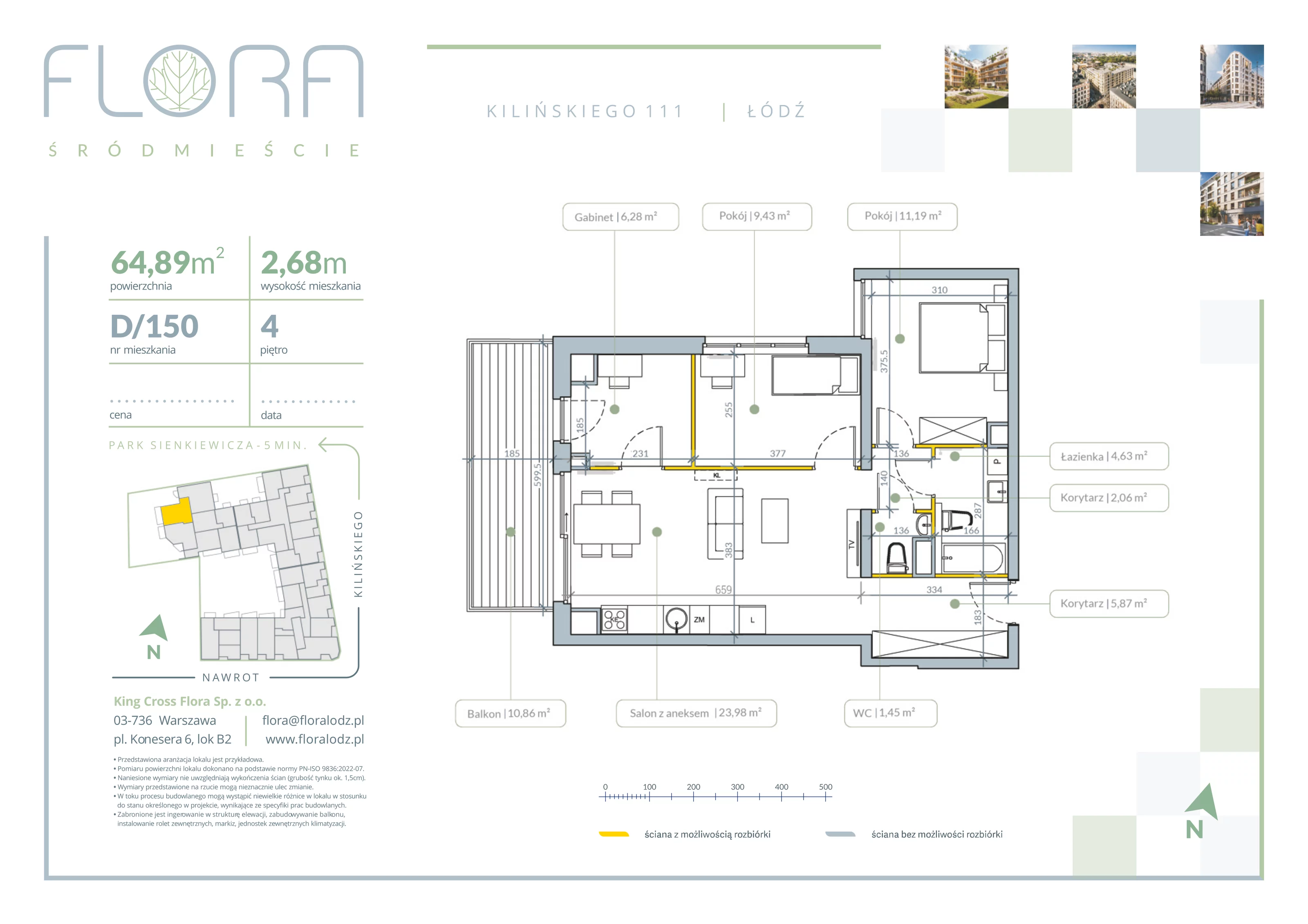 3 pokoje, apartament 64,89 m², piętro 4, oferta nr 150, Flora Śródmieście, Łódź, Śródmieście, ul. płk. Jana Kilińskiego 111