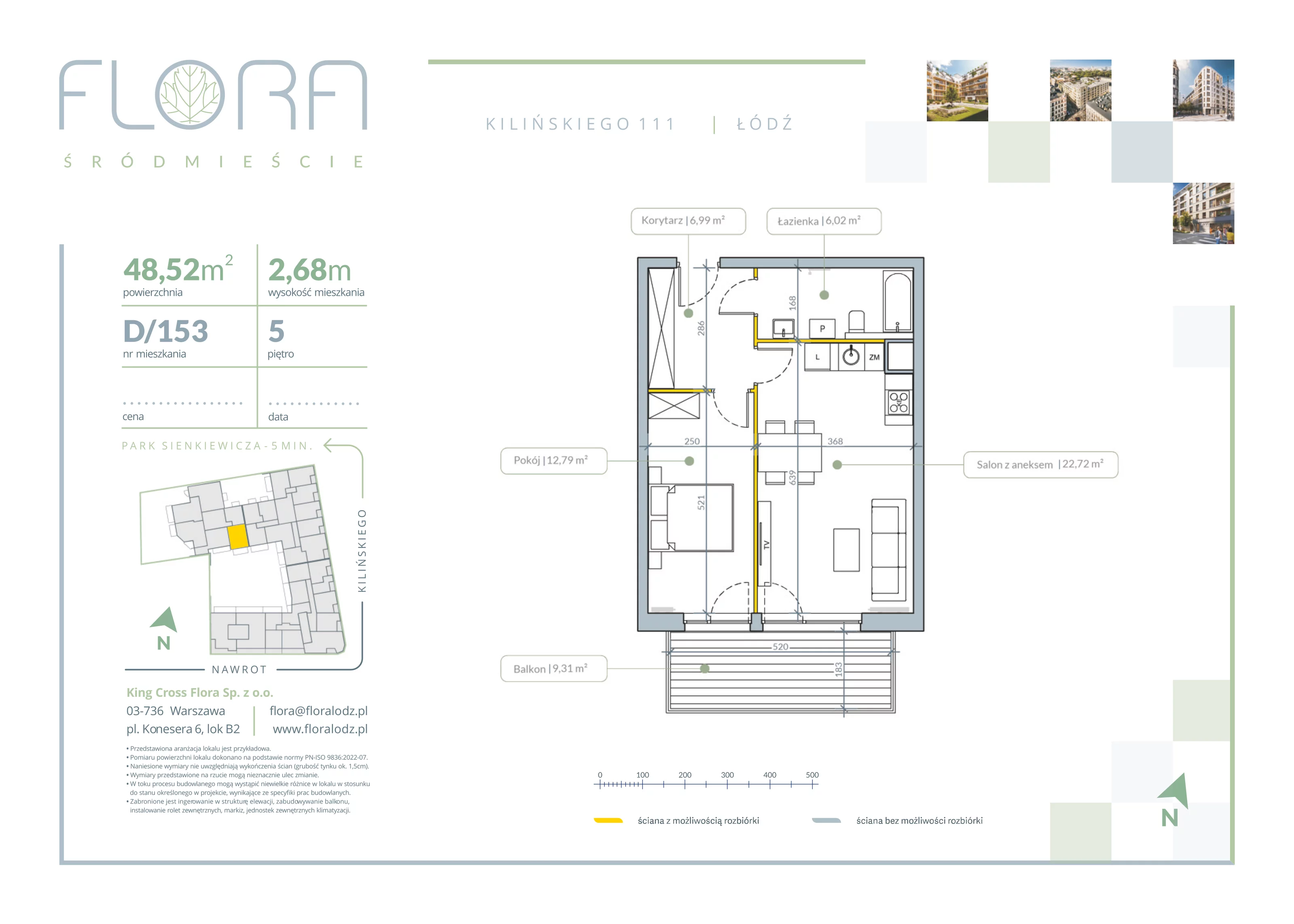 2 pokoje, apartament 48,52 m², piętro 5, oferta nr 153, Flora Śródmieście, Łódź, Śródmieście, ul. płk. Jana Kilińskiego 111