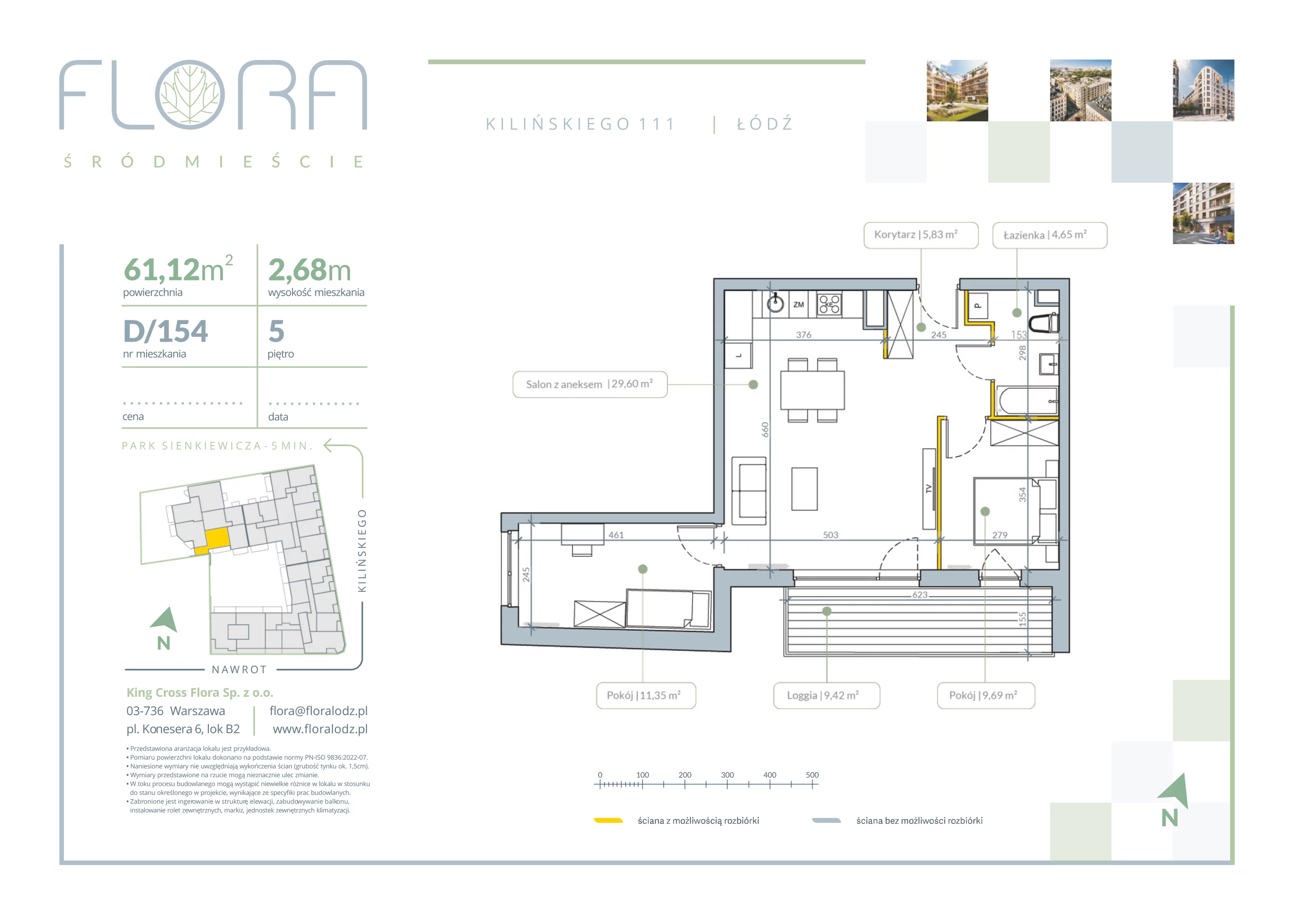3 pokoje, apartament 61,12 m², piętro 5, oferta nr 154, Flora Śródmieście, Łódź, Śródmieście, ul. płk. Jana Kilińskiego 111