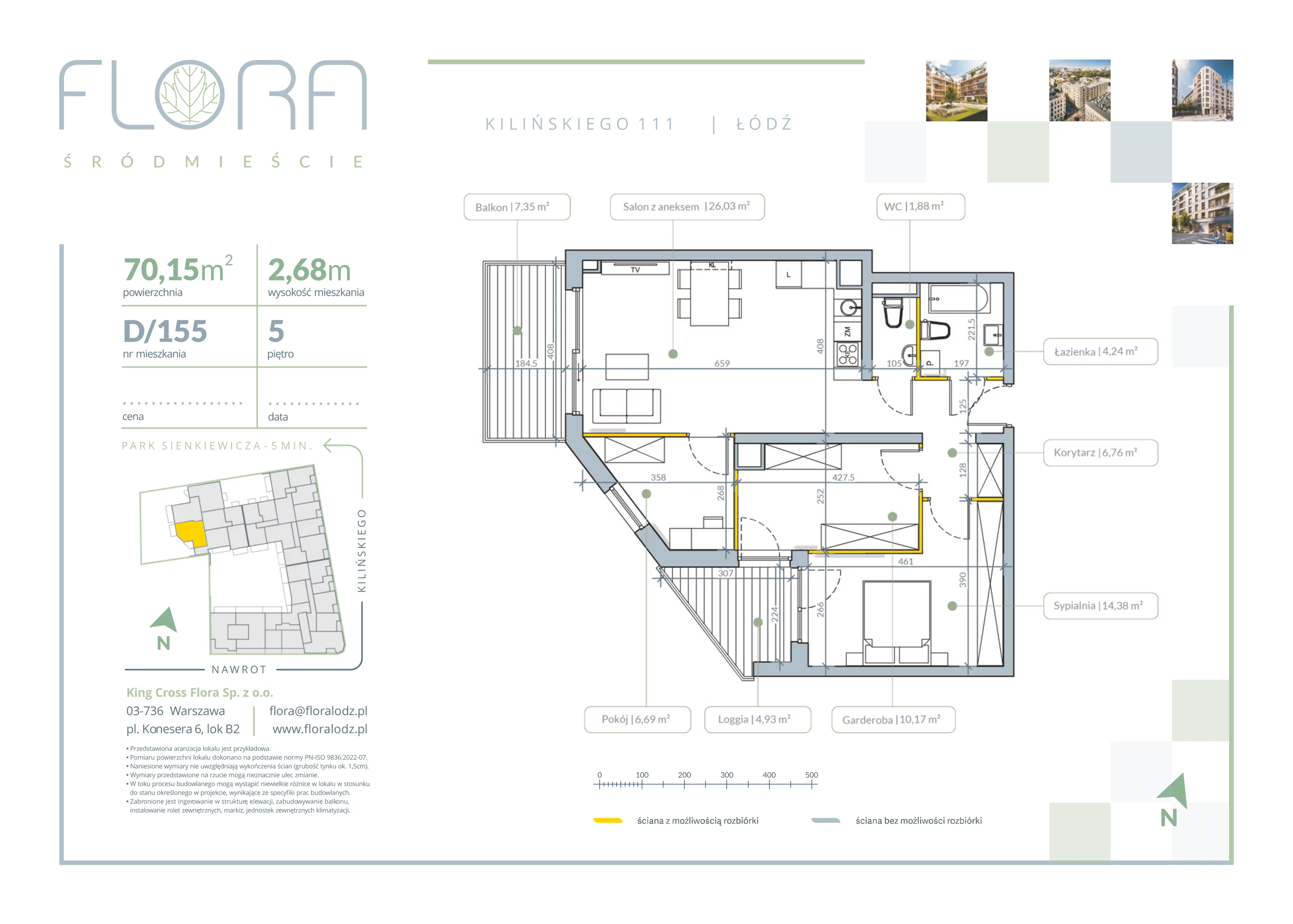3 pokoje, apartament 70,15 m², piętro 5, oferta nr 155, Flora Śródmieście, Łódź, Śródmieście, ul. płk. Jana Kilińskiego 111