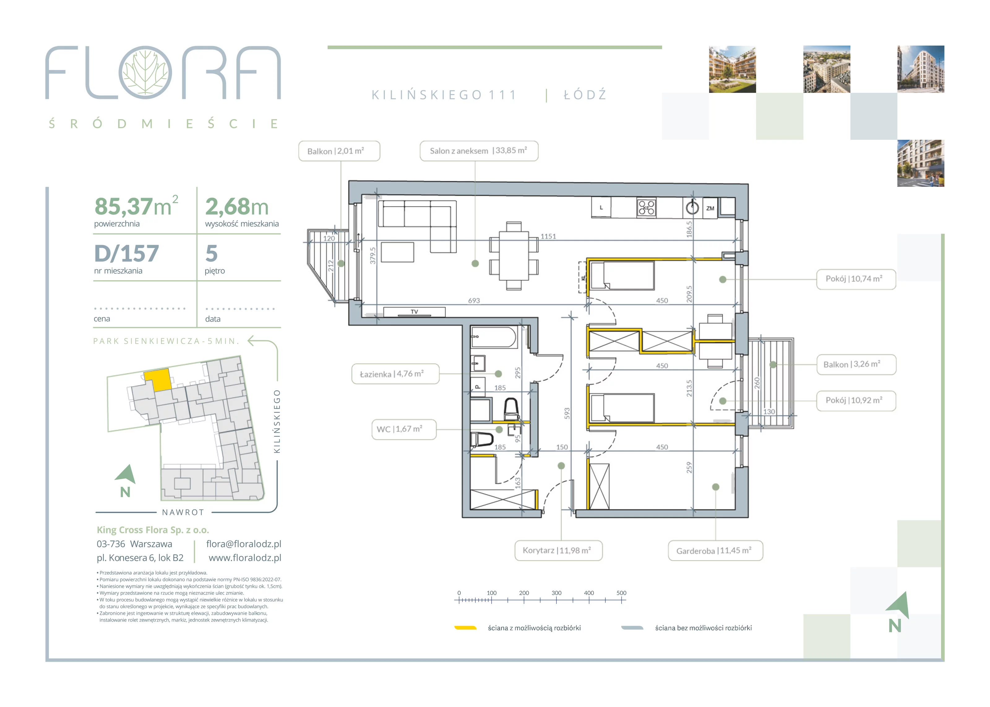 4 pokoje, apartament 85,37 m², piętro 5, oferta nr 157, Flora Śródmieście, Łódź, Śródmieście, ul. płk. Jana Kilińskiego 111
