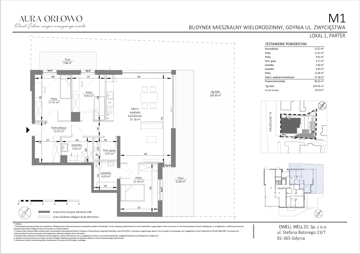 4 pokoje, mieszkanie 96,55 m², parter, oferta nr M1, Aura Orłowo, Gdynia, Orłowo, Kolibki, ul. Aleja Zwycięstwa 193