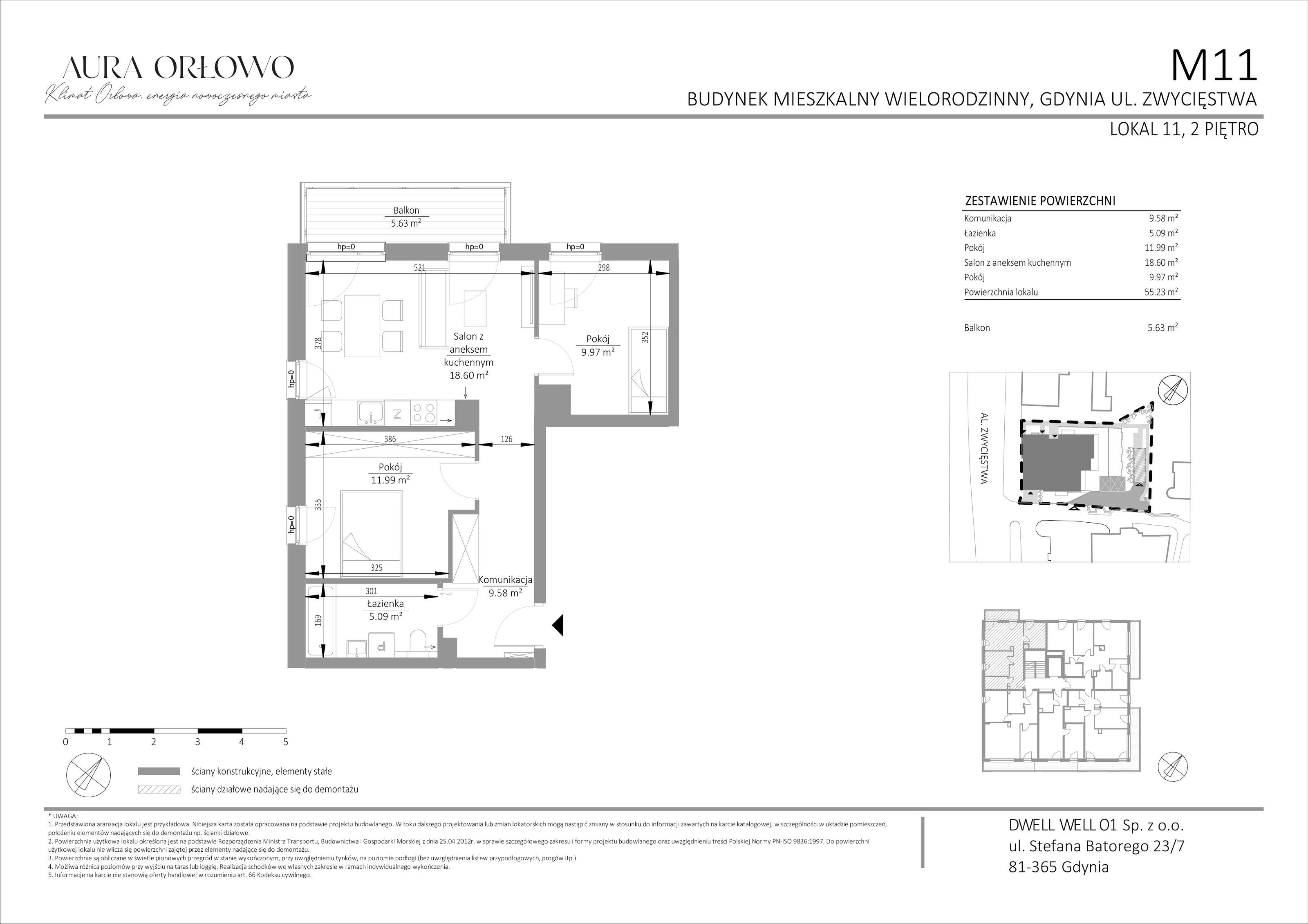 3 pokoje, mieszkanie 55,23 m², piętro 2, oferta nr M11, Aura Orłowo, Gdynia, Orłowo, Kolibki, ul. Aleja Zwycięstwa 193