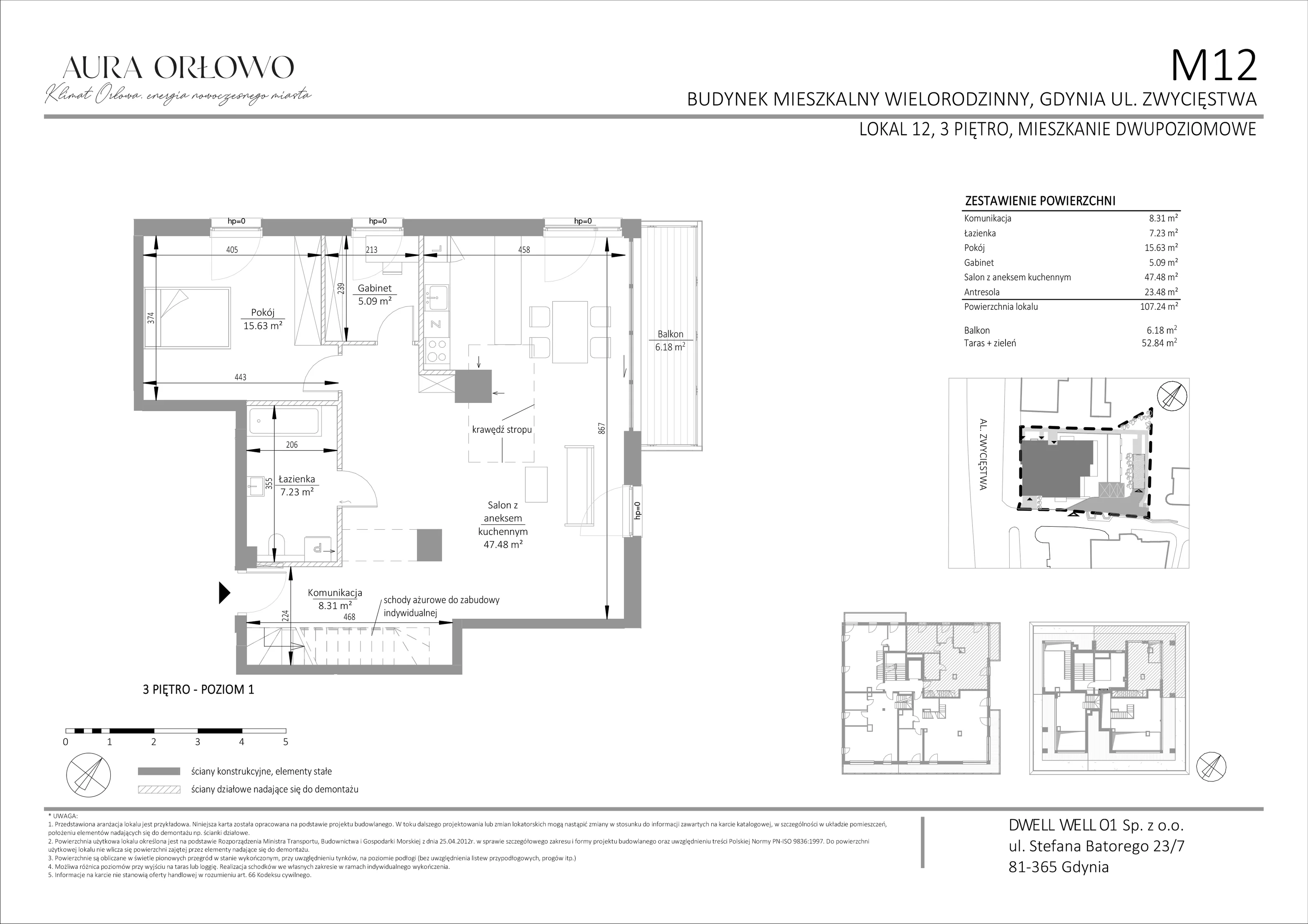 4 pokoje, mieszkanie 107,24 m², piętro 3, oferta nr M12, Aura Orłowo, Gdynia, Orłowo, Kolibki, ul. Aleja Zwycięstwa 193