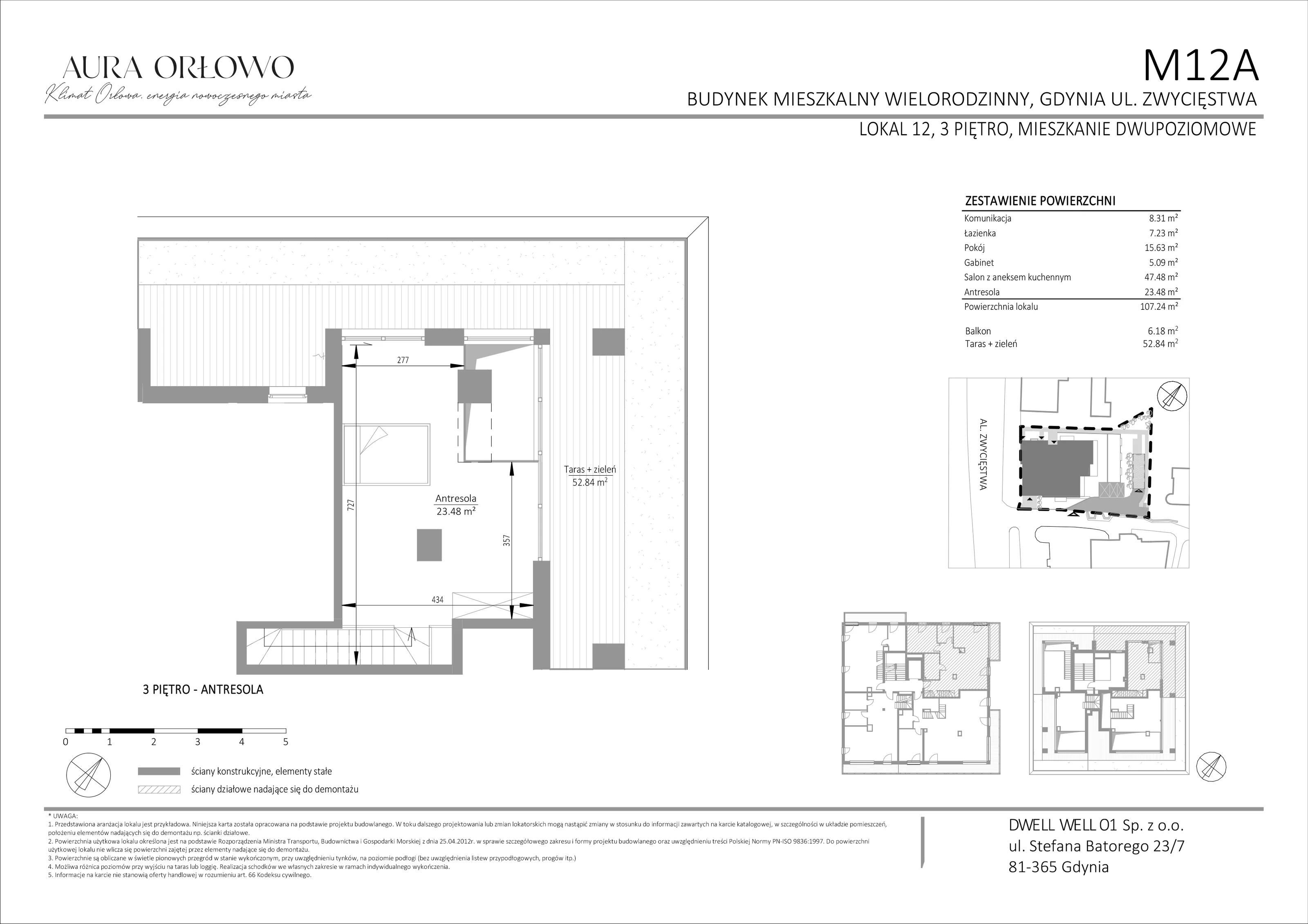 4 pokoje, mieszkanie 107,24 m², piętro 3, oferta nr M12, Aura Orłowo, Gdynia, Orłowo, Kolibki, ul. Aleja Zwycięstwa 193