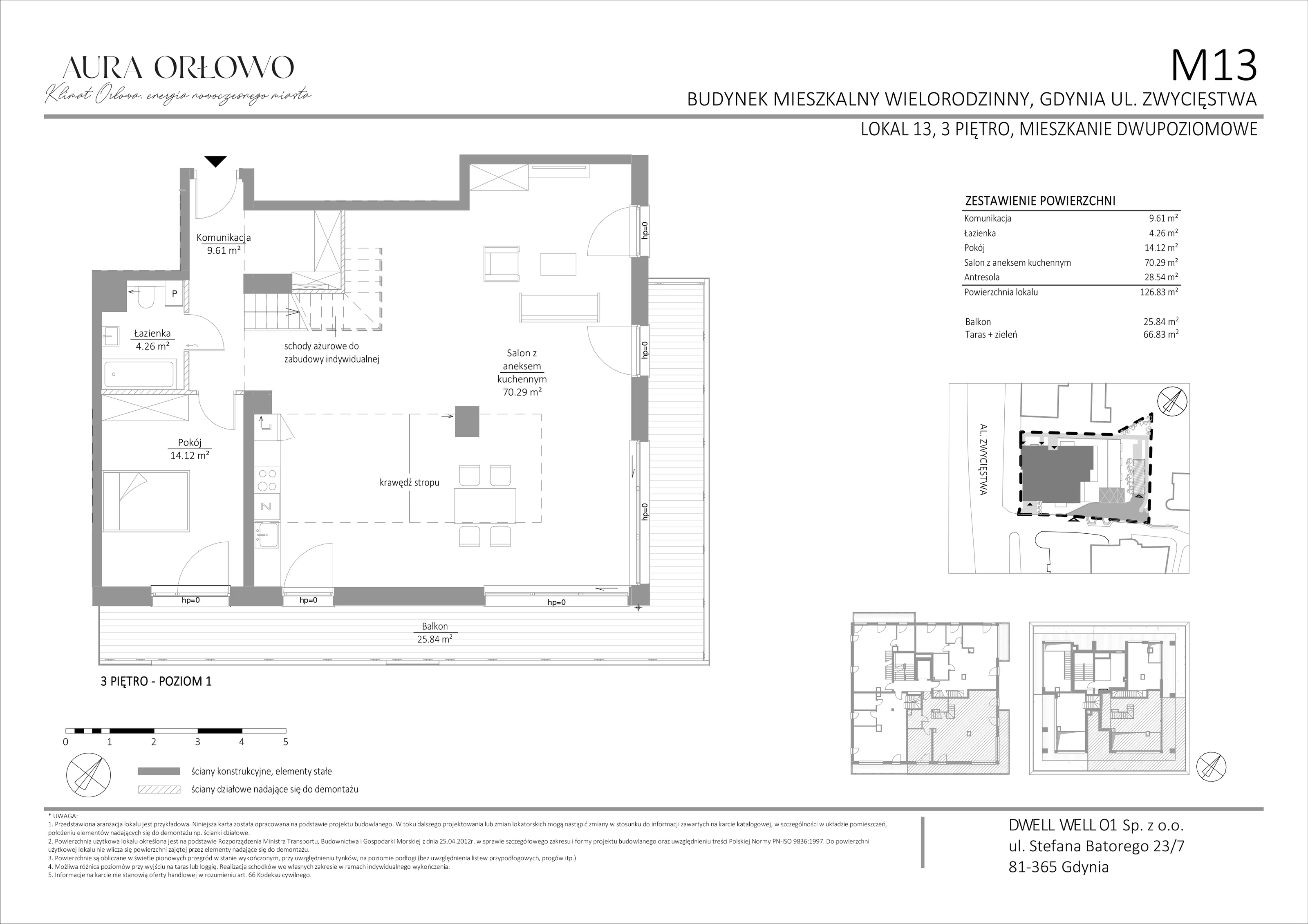 4 pokoje, mieszkanie 126,83 m², piętro 3, oferta nr M13, Aura Orłowo, Gdynia, Orłowo, Kolibki, ul. Aleja Zwycięstwa 193