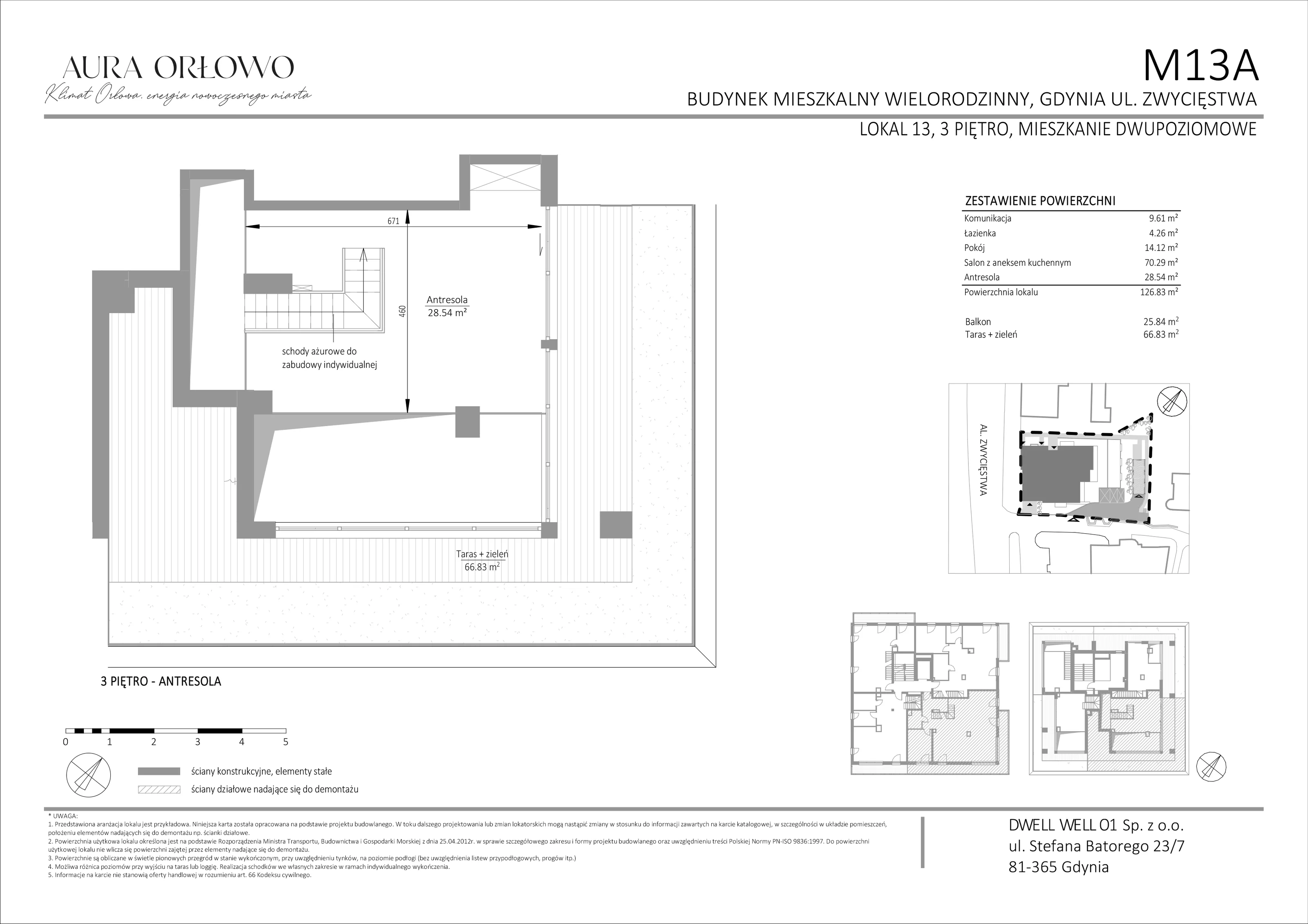 4 pokoje, mieszkanie 126,83 m², piętro 3, oferta nr M13, Aura Orłowo, Gdynia, Orłowo, Kolibki, ul. Aleja Zwycięstwa 193