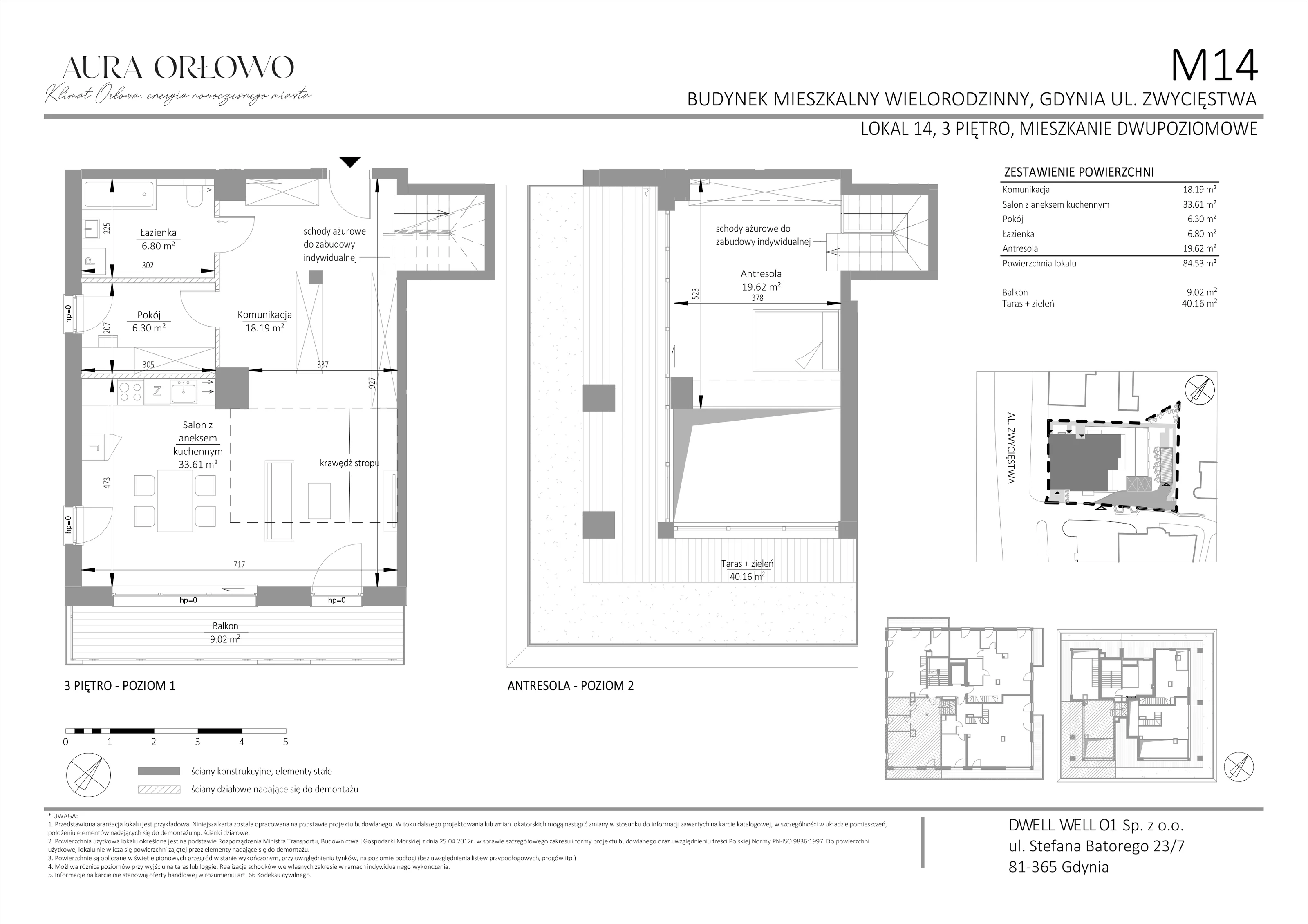 3 pokoje, mieszkanie 84,53 m², piętro 3, oferta nr M14, Aura Orłowo, Gdynia, Orłowo, Kolibki, ul. Aleja Zwycięstwa 193