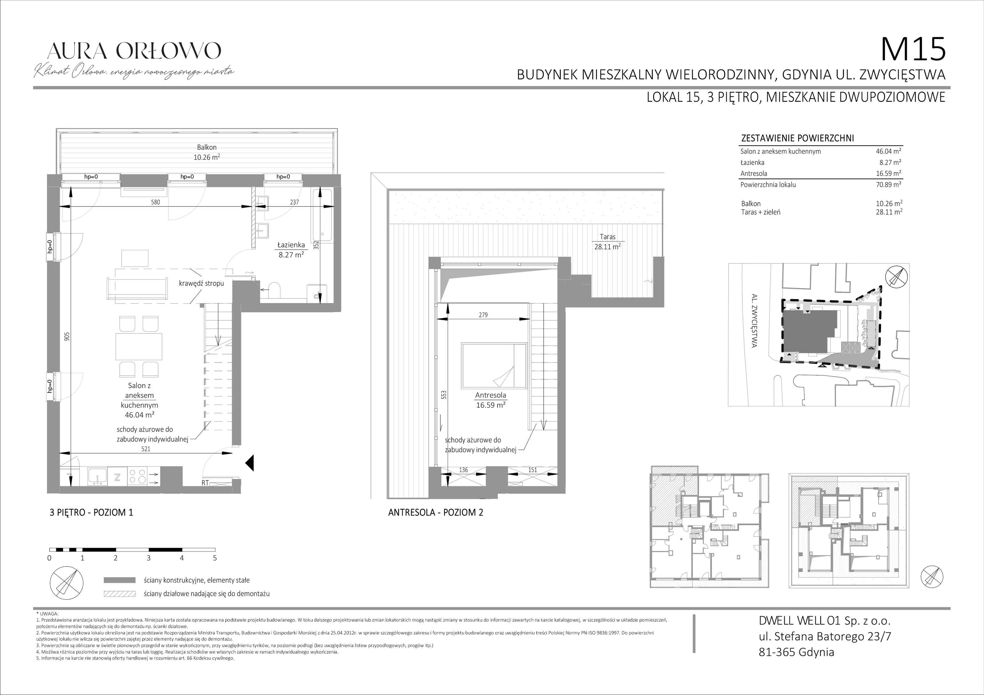 3 pokoje, mieszkanie 70,89 m², piętro 3, oferta nr M15, Aura Orłowo, Gdynia, Orłowo, Kolibki, ul. Aleja Zwycięstwa 193