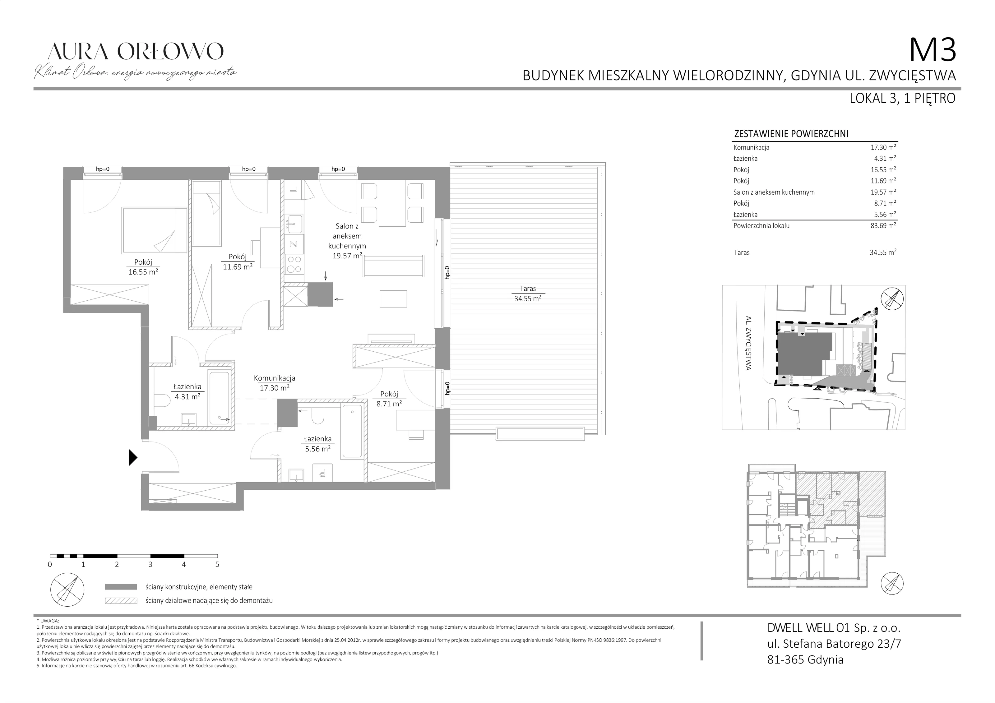 4 pokoje, mieszkanie 83,69 m², piętro 1, oferta nr M3, Aura Orłowo, Gdynia, Orłowo, Kolibki, ul. Aleja Zwycięstwa 193