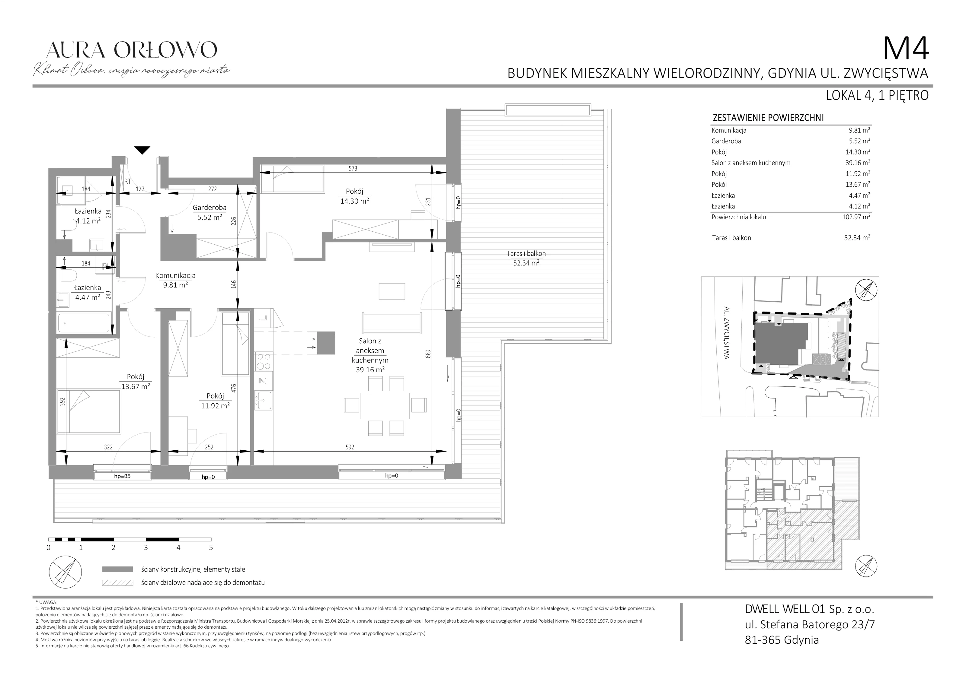 4 pokoje, mieszkanie 102,97 m², piętro 1, oferta nr M4, Aura Orłowo, Gdynia, Orłowo, Kolibki, ul. Aleja Zwycięstwa 193