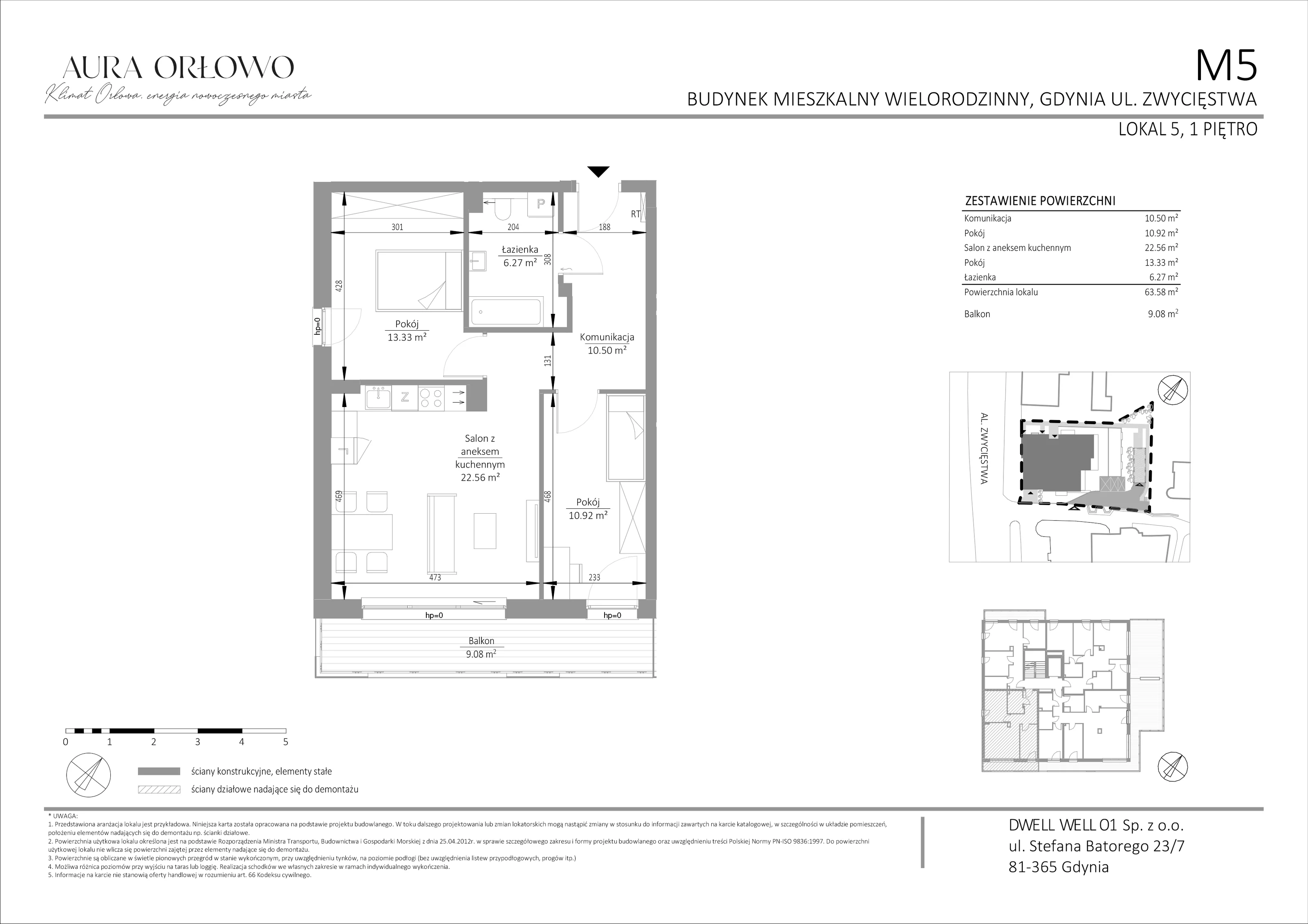 3 pokoje, mieszkanie 63,58 m², piętro 1, oferta nr M5, Aura Orłowo, Gdynia, Orłowo, Kolibki, ul. Aleja Zwycięstwa 193