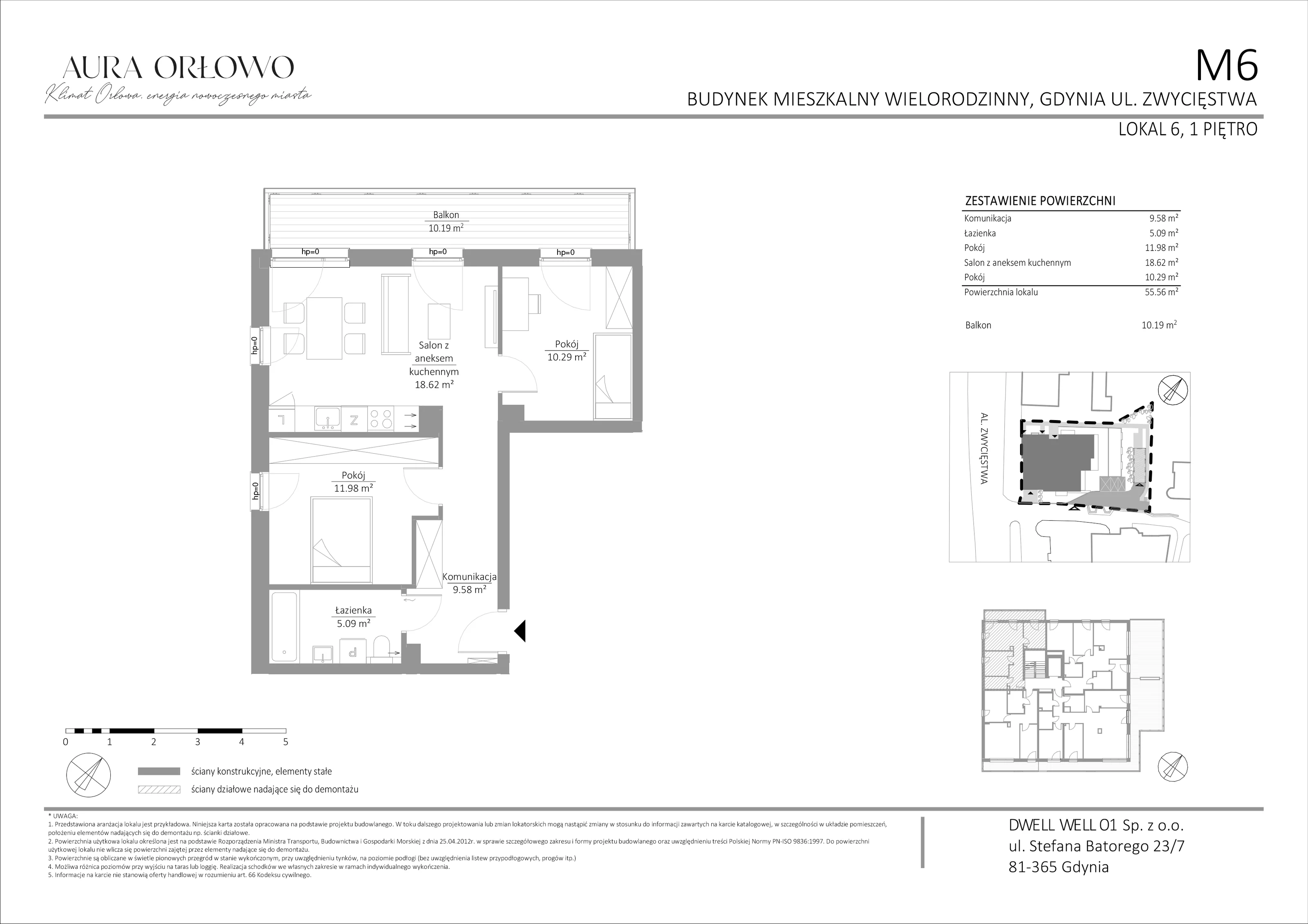 3 pokoje, mieszkanie 55,56 m², piętro 1, oferta nr M6, Aura Orłowo, Gdynia, Orłowo, Kolibki, ul. Aleja Zwycięstwa 193