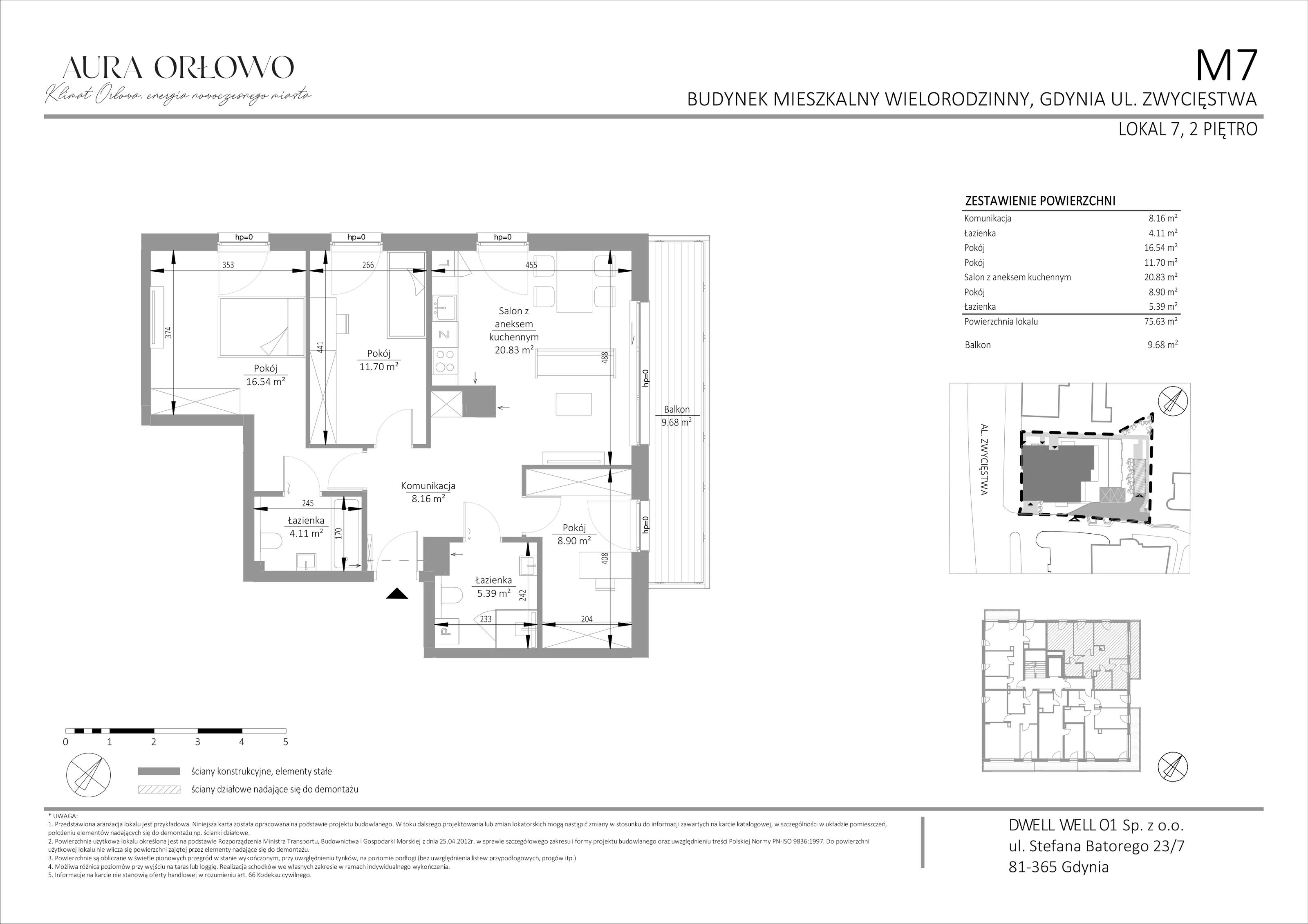 4 pokoje, mieszkanie 75,63 m², piętro 2, oferta nr M7, Aura Orłowo, Gdynia, Orłowo, Kolibki, ul. Aleja Zwycięstwa 193