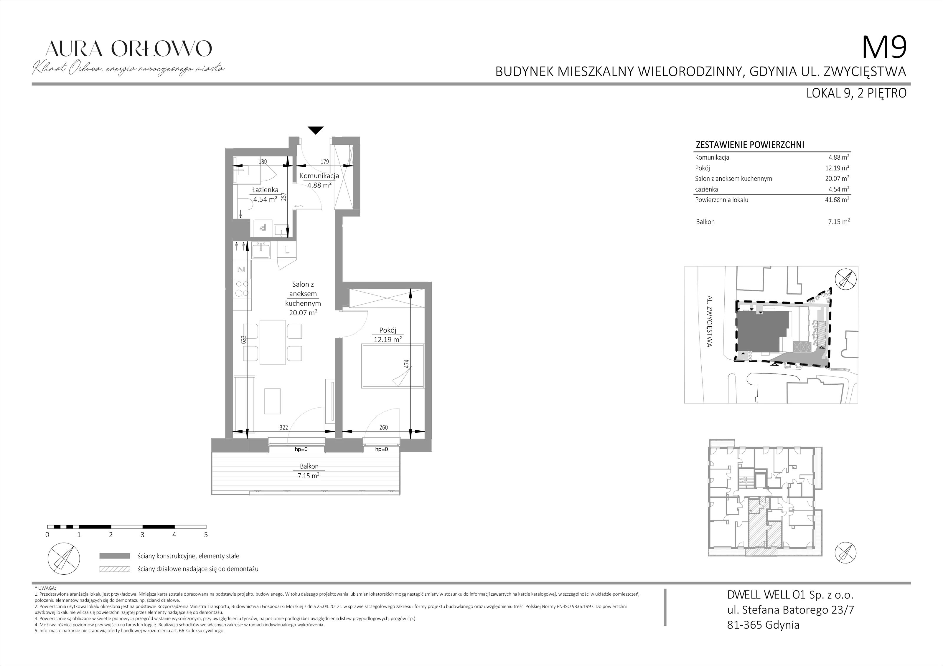2 pokoje, mieszkanie 41,68 m², piętro 2, oferta nr M9, Aura Orłowo, Gdynia, Orłowo, Kolibki, ul. Aleja Zwycięstwa 193