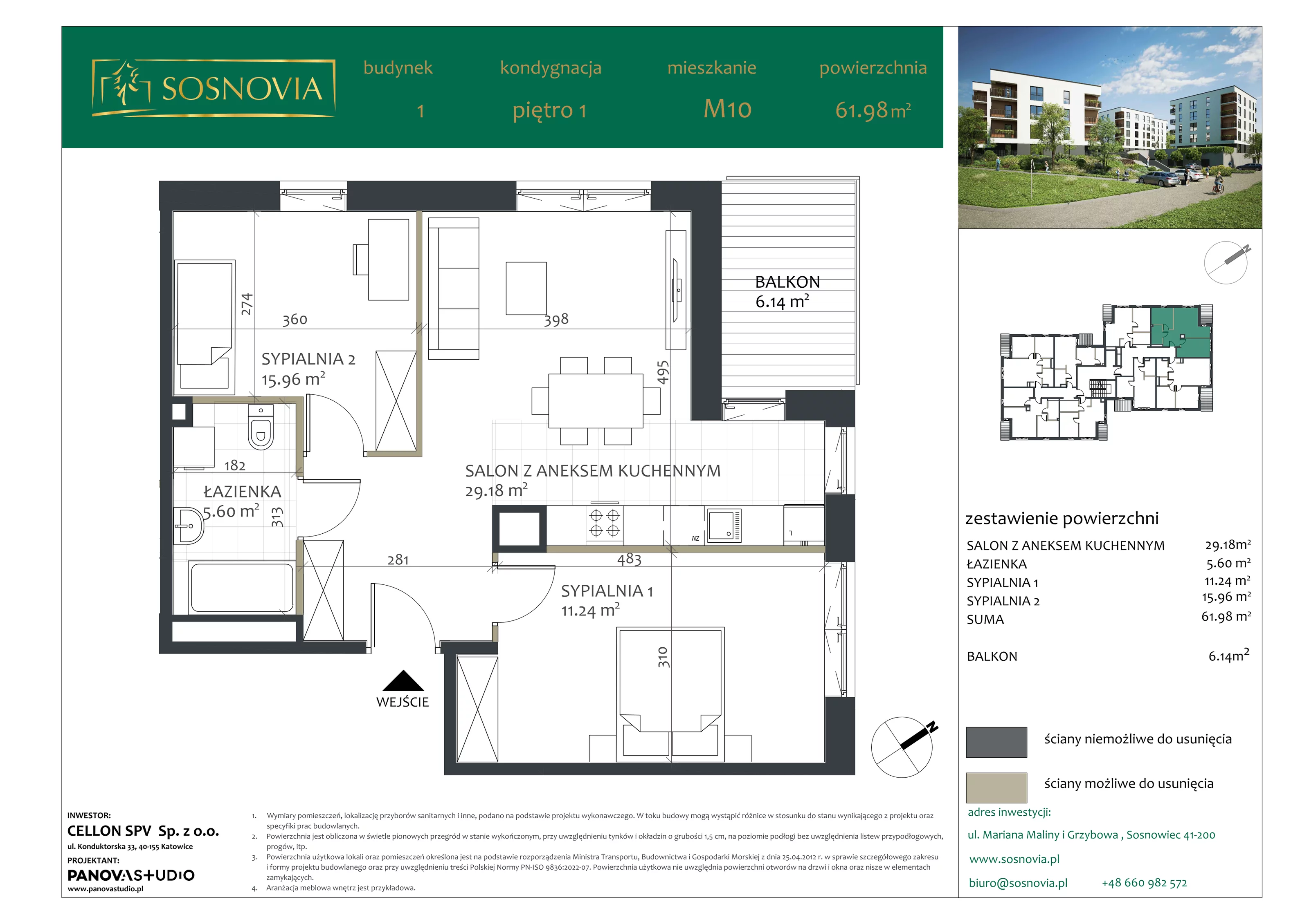 3 pokoje, mieszkanie 61,98 m², piętro 1, oferta nr B1.M10, Sosnovia, Sosnowiec, Dańdówka, ul. Mariana Maliny/Grzybowa