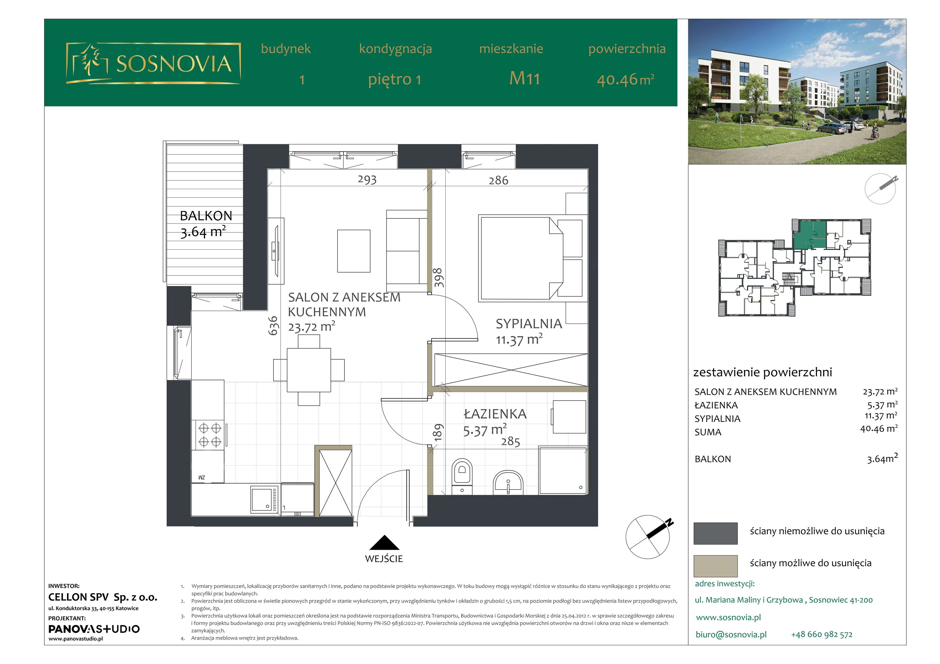 2 pokoje, mieszkanie 40,46 m², piętro 1, oferta nr B1.M11, Sosnovia, Sosnowiec, Dańdówka, ul. Mariana Maliny/Grzybowa