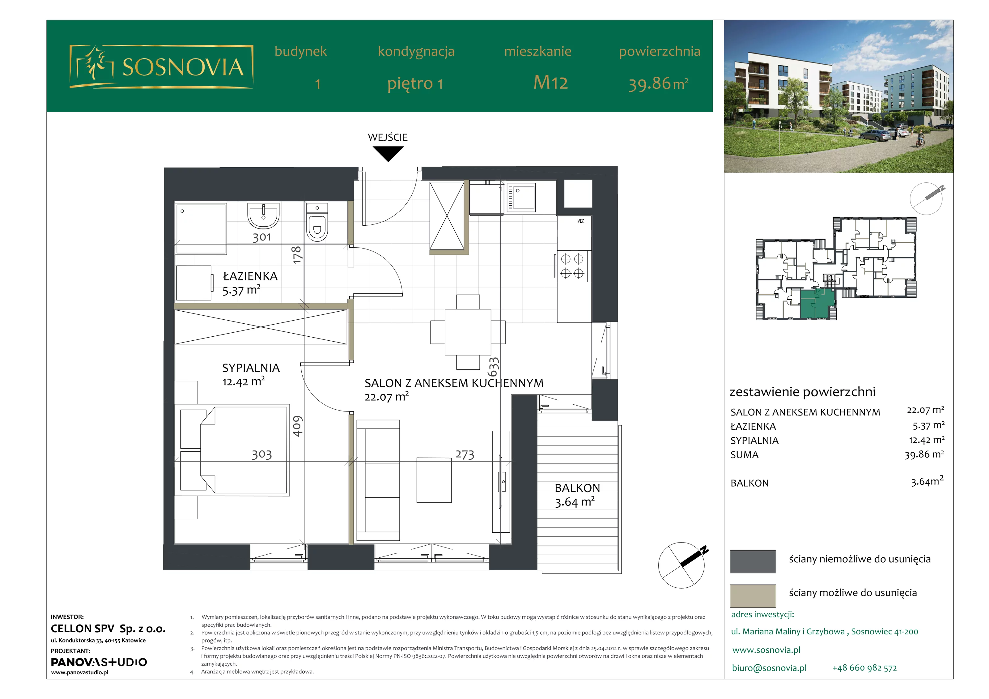 2 pokoje, mieszkanie 39,86 m², piętro 1, oferta nr B1.M12, Sosnovia, Sosnowiec, Dańdówka, ul. Mariana Maliny/Grzybowa