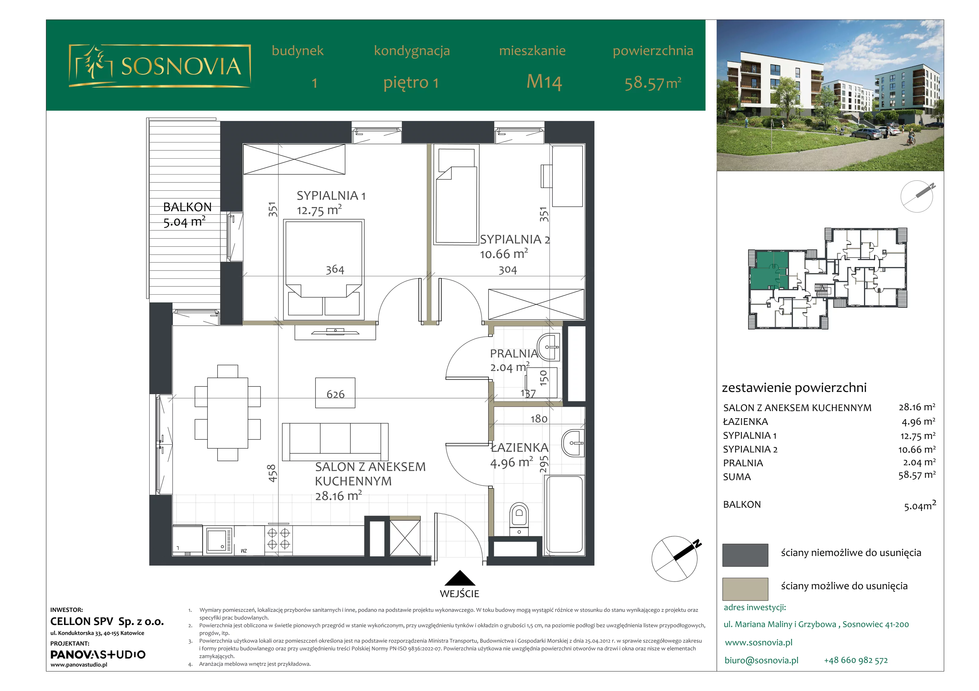 3 pokoje, mieszkanie 58,57 m², piętro 1, oferta nr B1.M14, Sosnovia, Sosnowiec, Dańdówka, ul. Mariana Maliny/Grzybowa