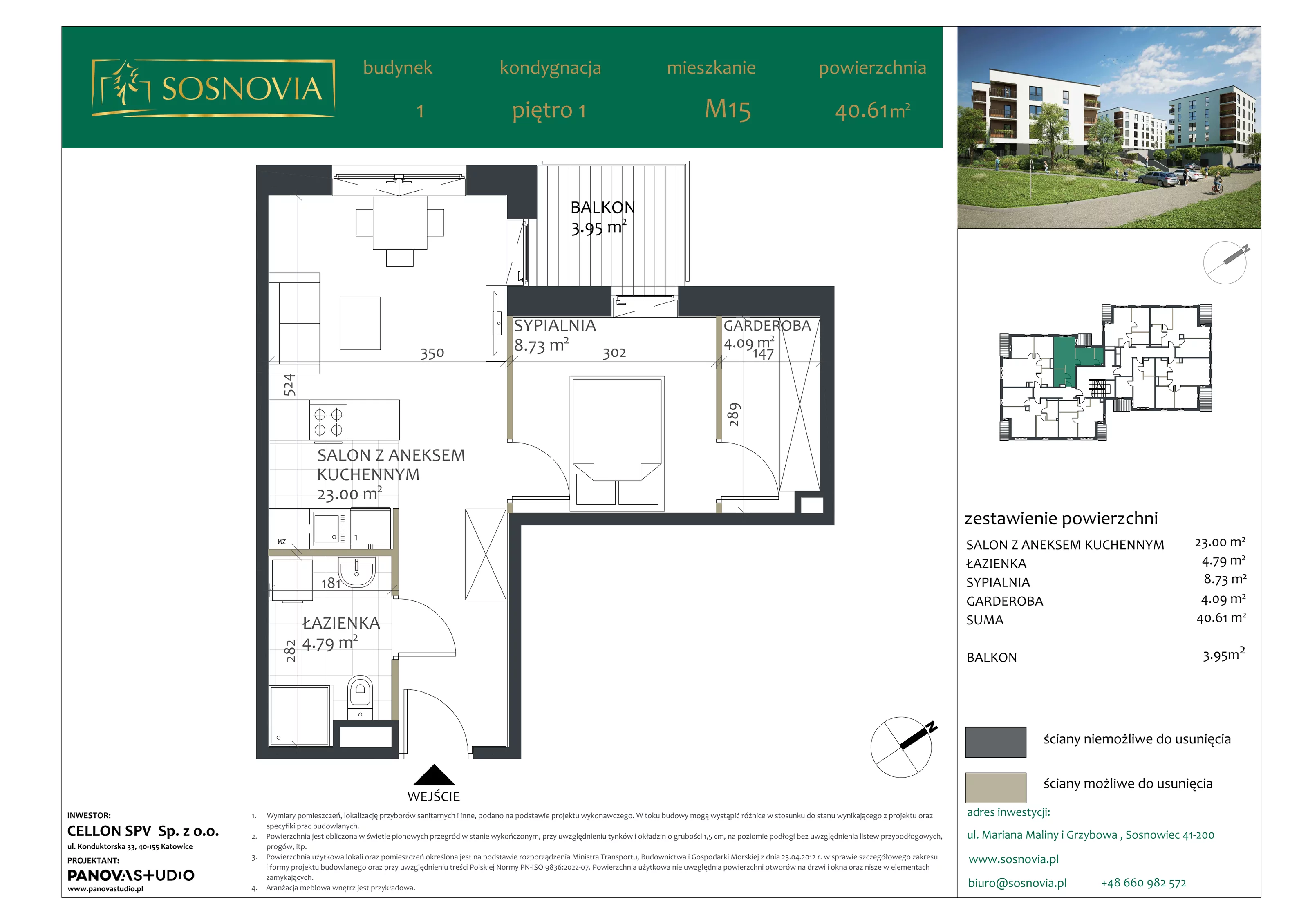 2 pokoje, mieszkanie 40,61 m², piętro 1, oferta nr B1.M15, Sosnovia, Sosnowiec, Dańdówka, ul. Mariana Maliny/Grzybowa
