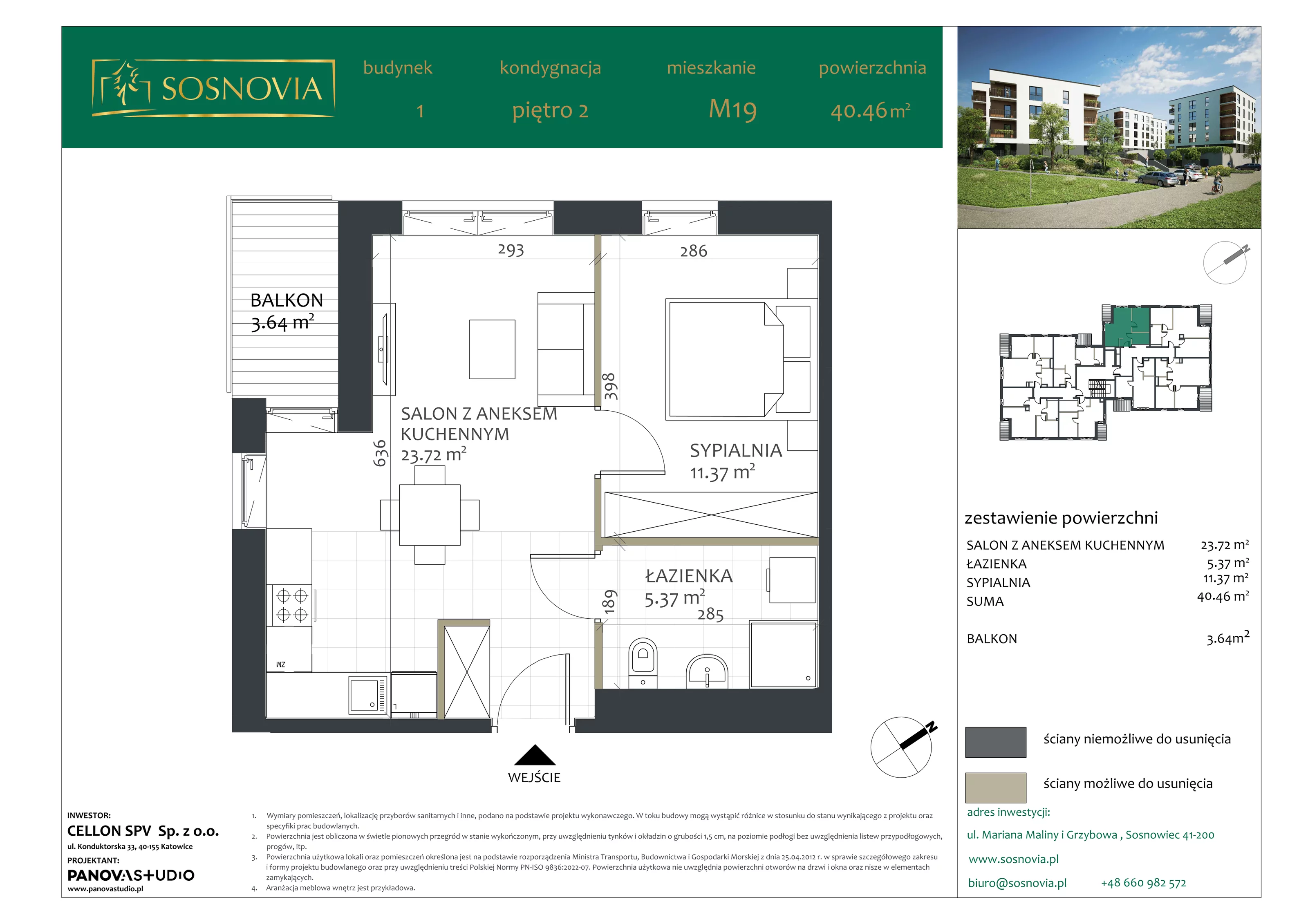 2 pokoje, mieszkanie 40,46 m², piętro 2, oferta nr B1.M19, Sosnovia, Sosnowiec, Dańdówka, ul. Mariana Maliny/Grzybowa
