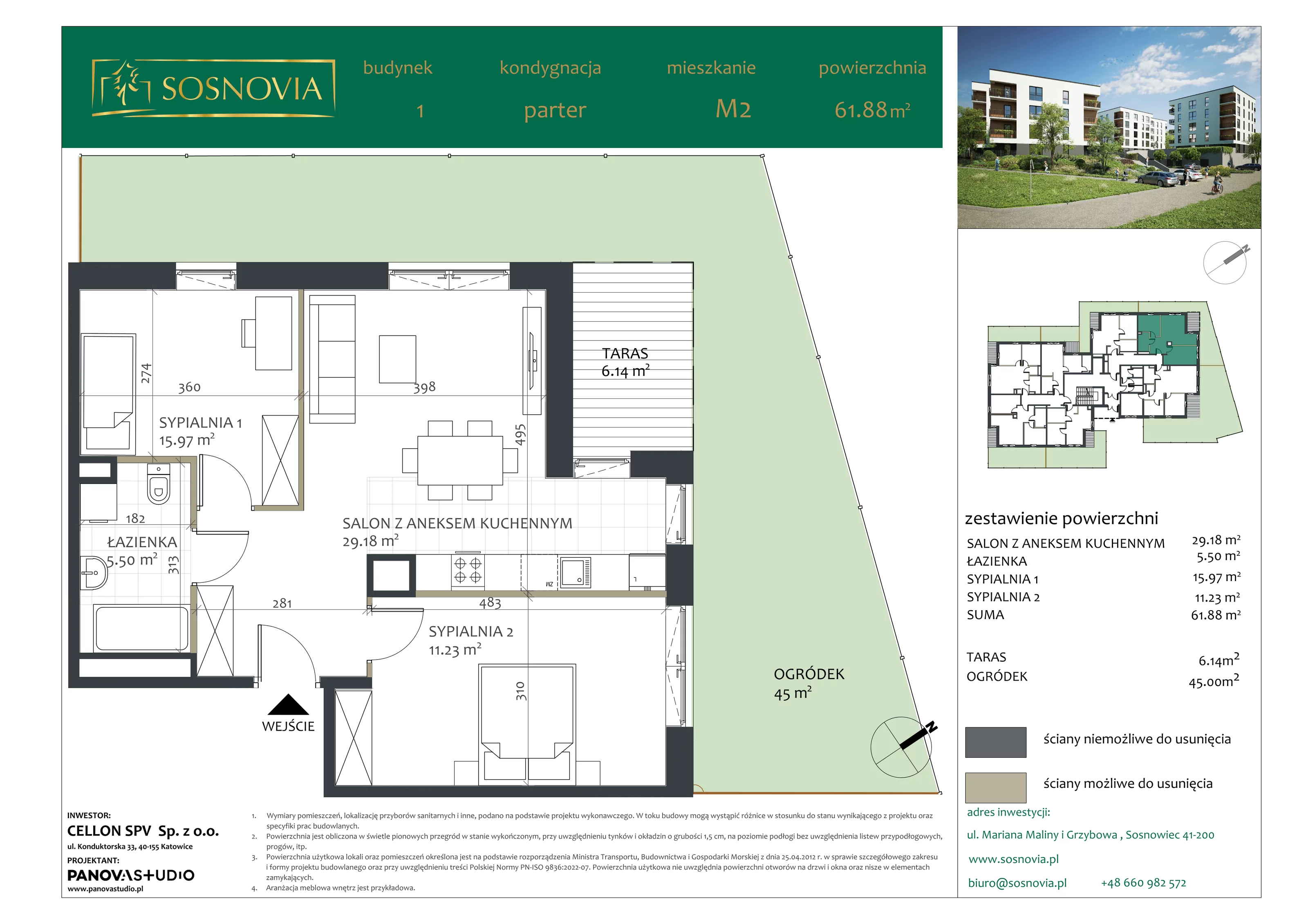 3 pokoje, mieszkanie 61,88 m², parter, oferta nr B1.M2, Sosnovia, Sosnowiec, Dańdówka, ul. Mariana Maliny/Grzybowa